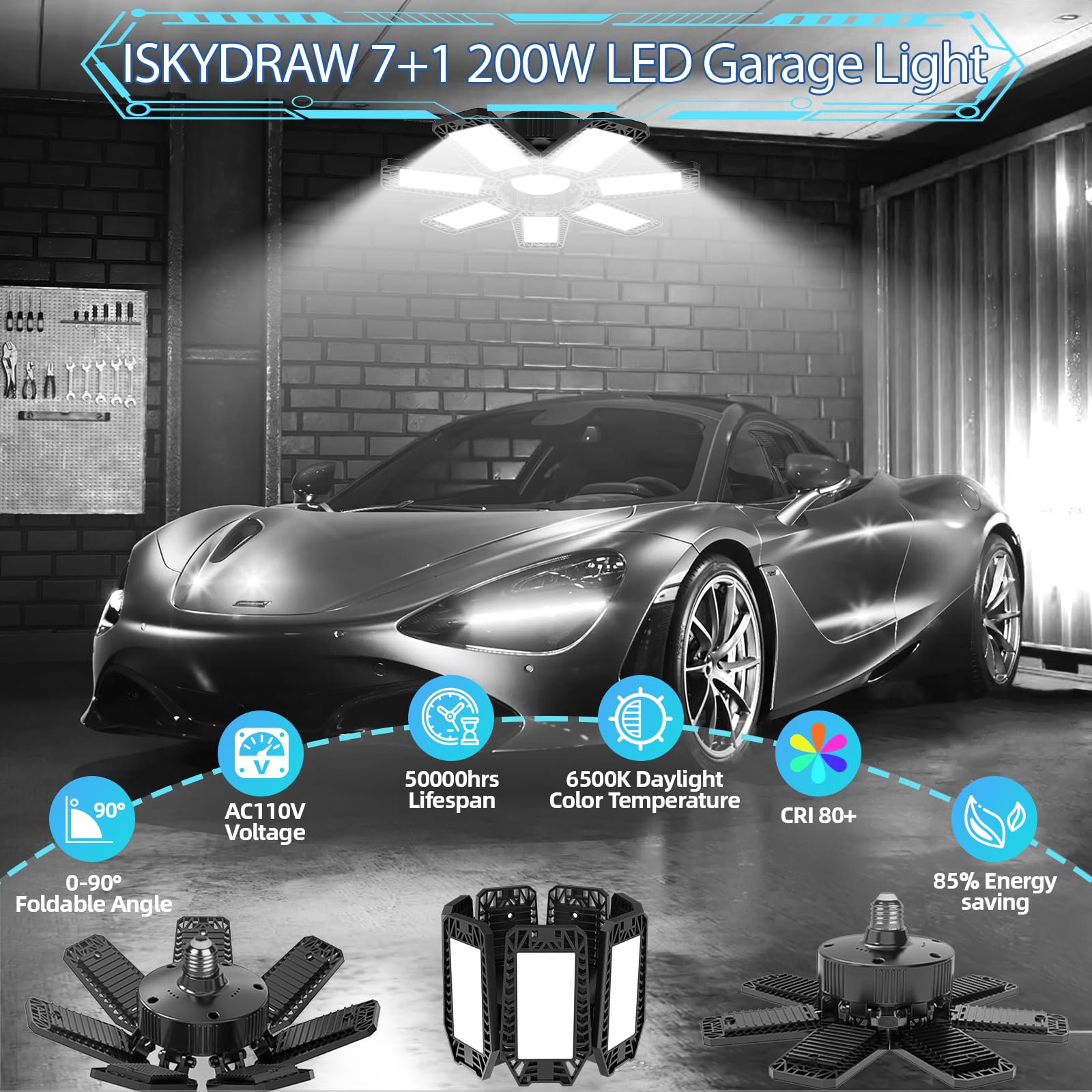 Iskydraw 200W Led Garage Light 8 Pack, Garage Lights Ceiling Led 20000Lm With 7+1 Deformable Garage Led Lights, Led Garage Ceili