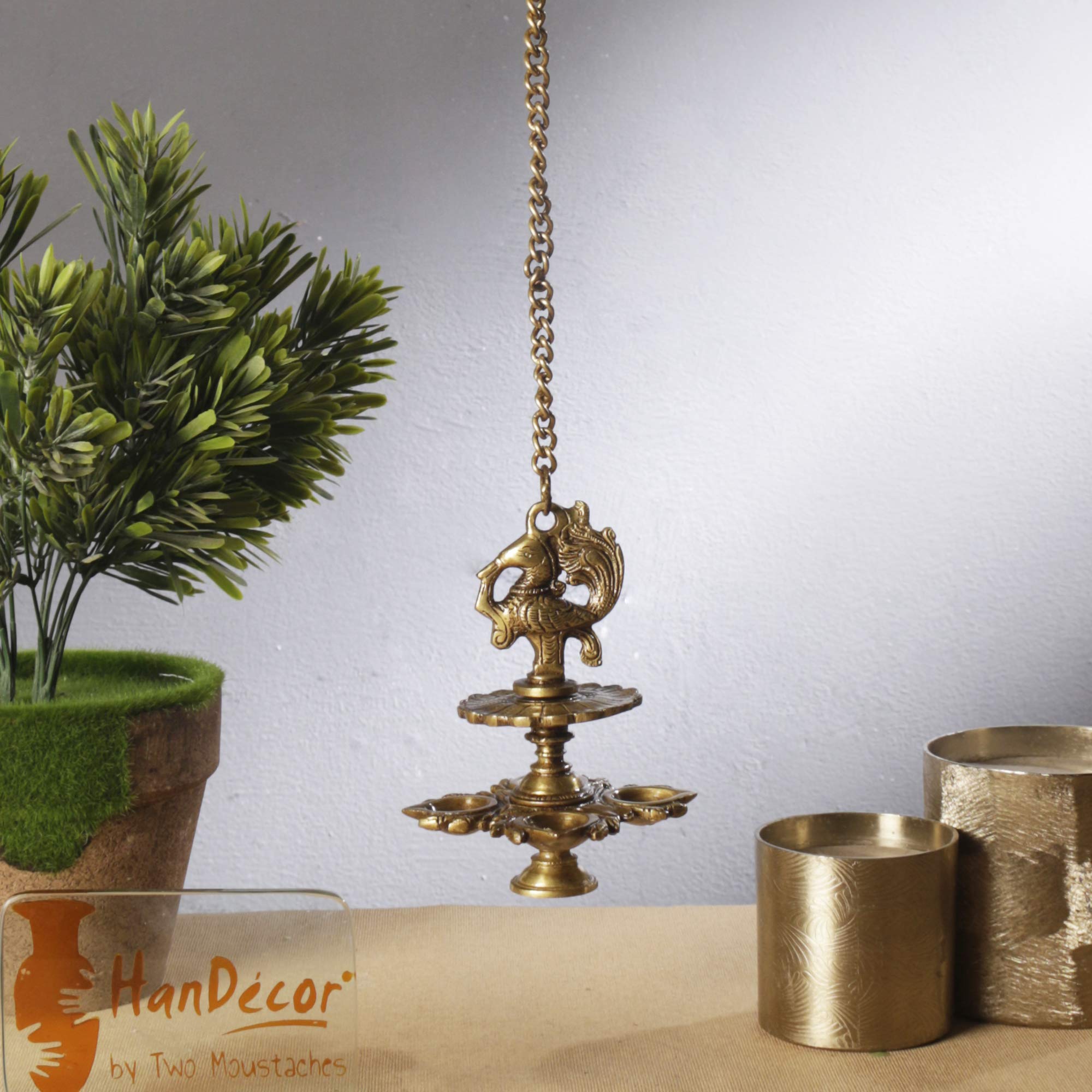 Two Moustaches Handmade Peacock Design 4 Oil Wick Brass Hanging Diya for Home Decor, Temple Decor, Diya for Puja, House Warming