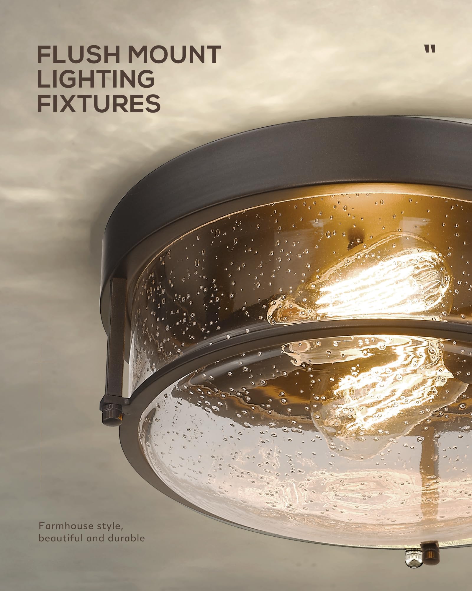 Femila 12&quot; Flush Mount Light Fixture, 2-Light Metal Ceiling Light, Oil Rubbed Bronze, Seeded Glass