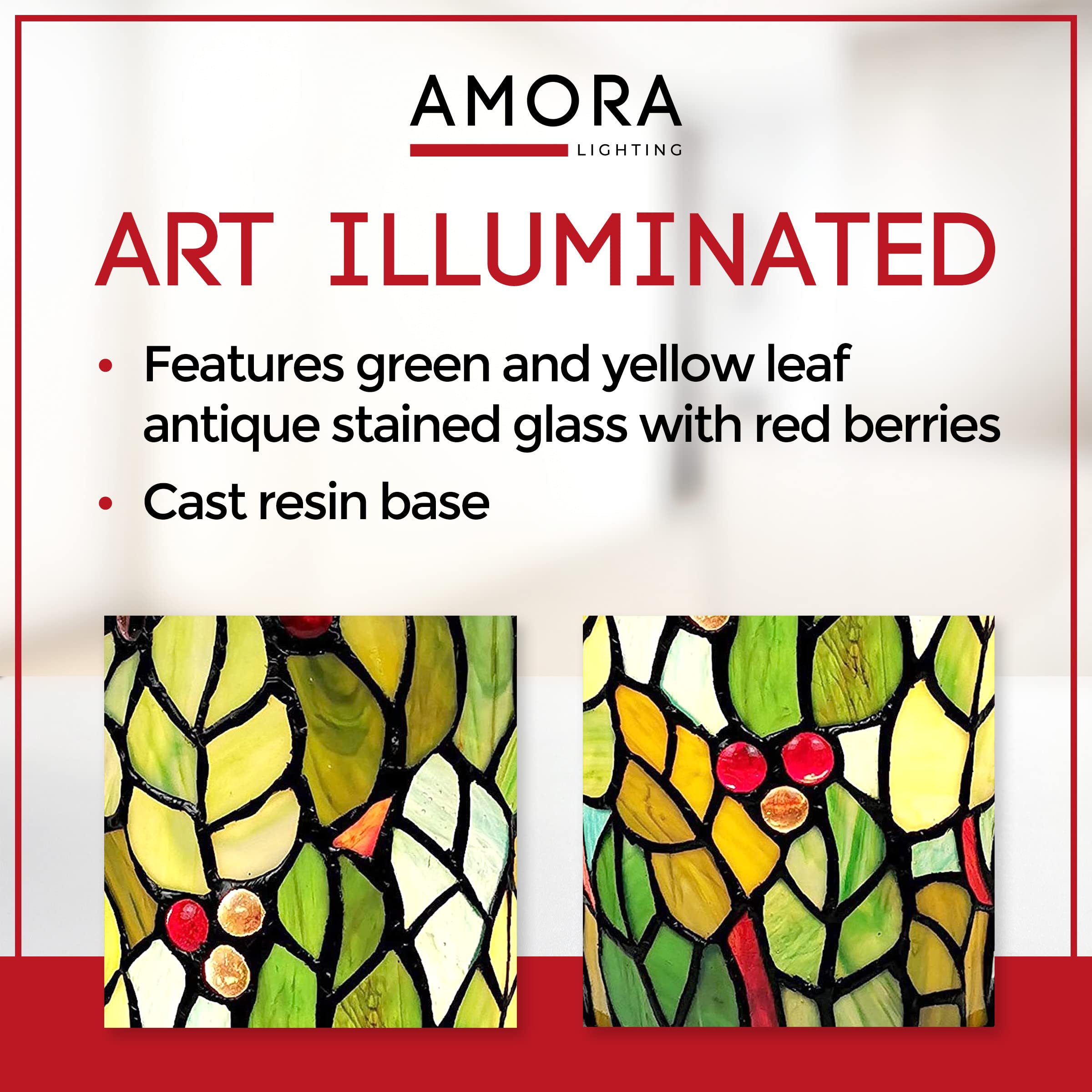 Amora Green Tiffany Accent Lamp - Floral Leaf Mosaic Table Lamp, 11” Decorative Desk Light