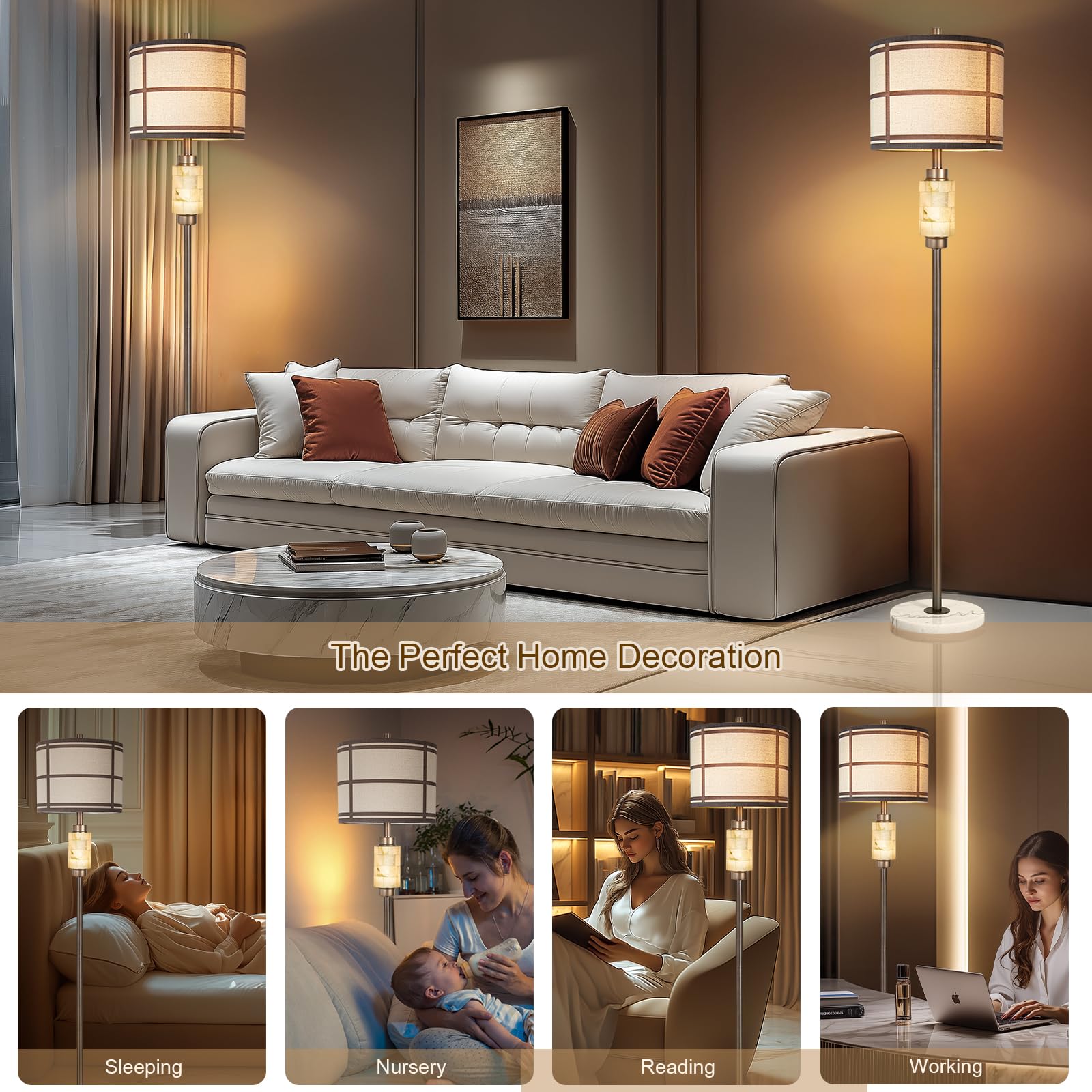 Natural Alabaster Modern Floor Lamp With Night Light,Rustic Floor Lamp For Living Room,Marble Base Tall Lamps With Linen Fabric