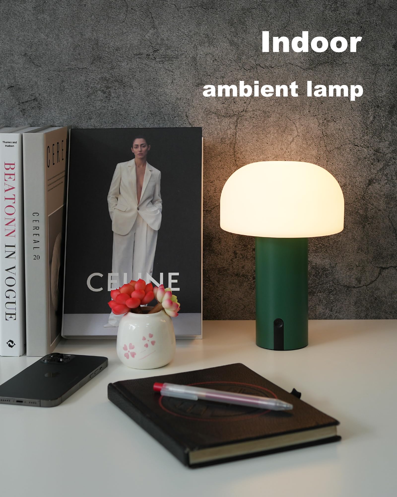 WEILAILUX Cordless Mushroom Table Lamp, Waterproof, Rechargeable, Touch Dimmable, Green, Model WL-3760