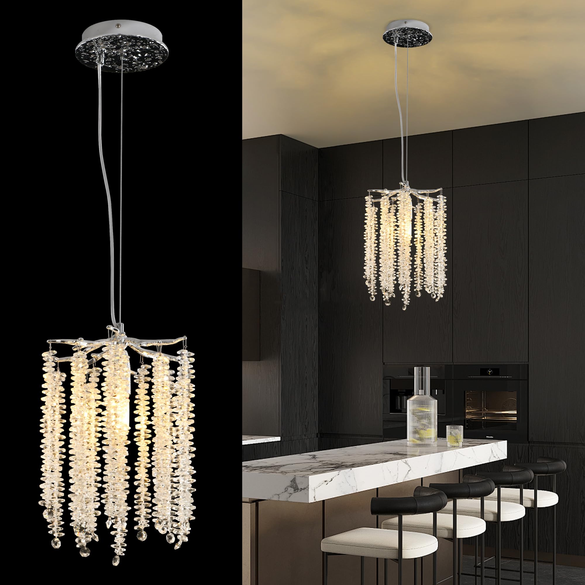 Upfelw Modern Crystal Tree Branch Chandelier, Chrome Round Art Deco Raindrop Lighting Fixture For Dining Room Bedroom Foyer 1 Li