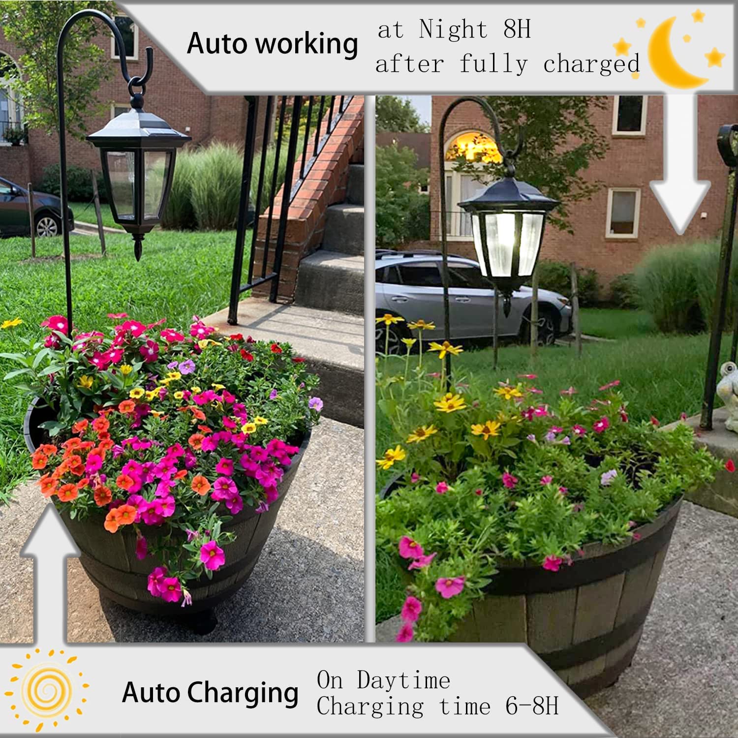 Viewsun Hanging Solar Lights - 34 Inch Shepherd Hook, Waterproof Outdoor Lanterns, 6 Pack, White, Model VS-LT0001-6