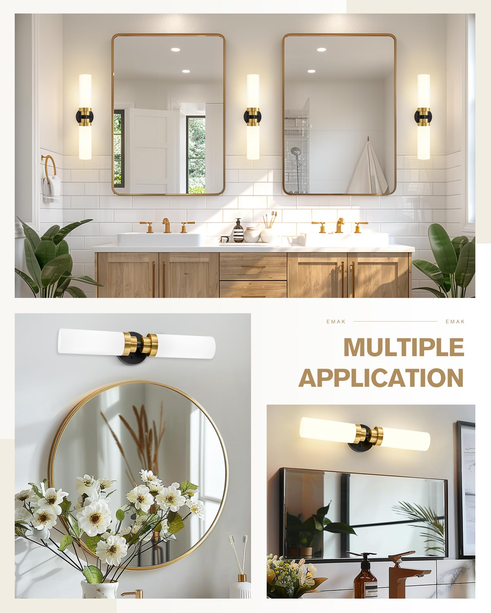 Emak 22-Inch Modern Bathroom Light Fixtures, Black Gold & Milk Glass, 2-Light Wall Sconce, Model VL085-BKBGD-ML-2