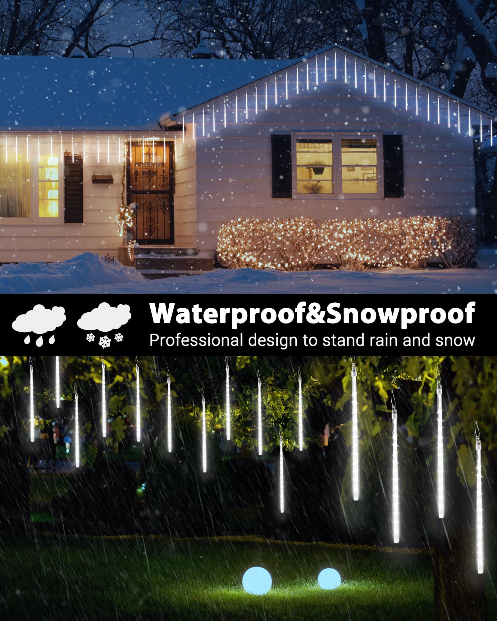 Ibaycon 20 Tubes 480 Led Meteor Shower Rain Lights, 11.8 Inches Cascading Icicle Lights Waterproof Outdoor, Connectable Falling