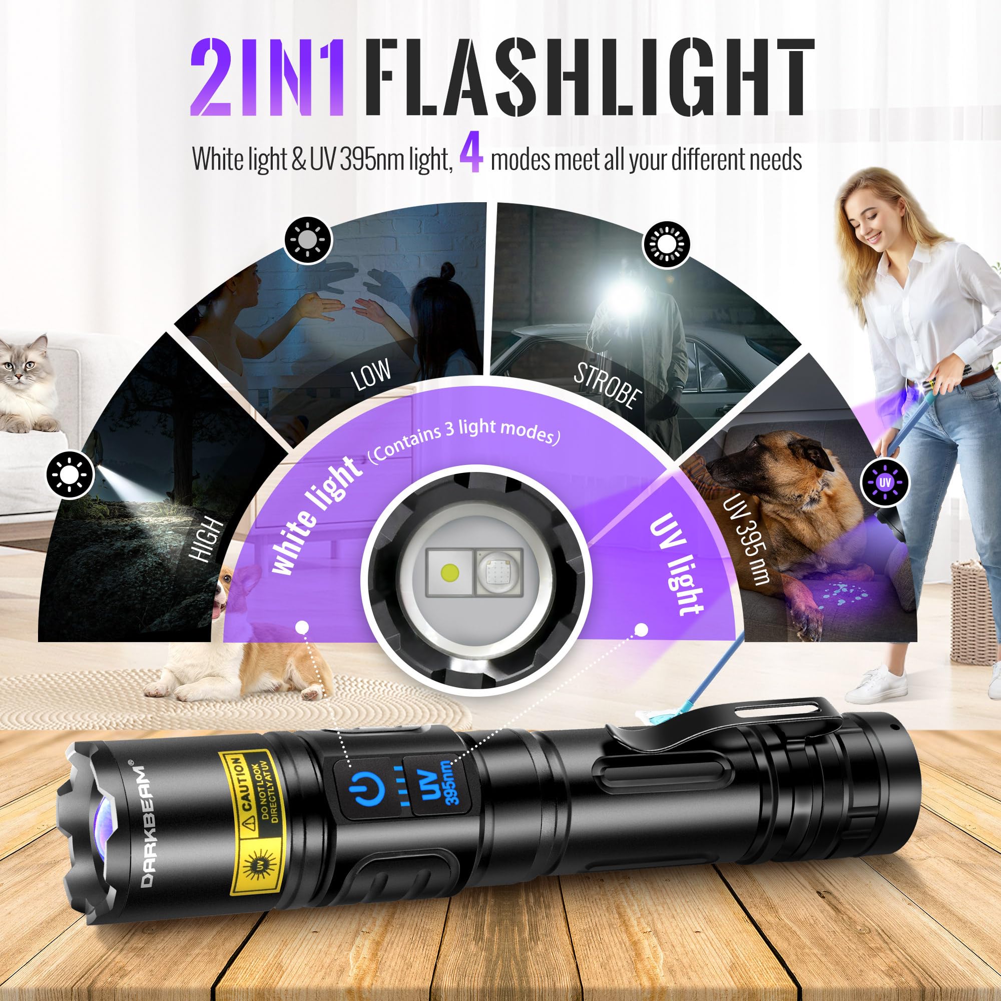 DARKBEAM UV Flashlight A900-W+395, USB Rechargeable Blacklight, Pocket-size, LED White + UV 395nm, Super Bright for Camping & Detection