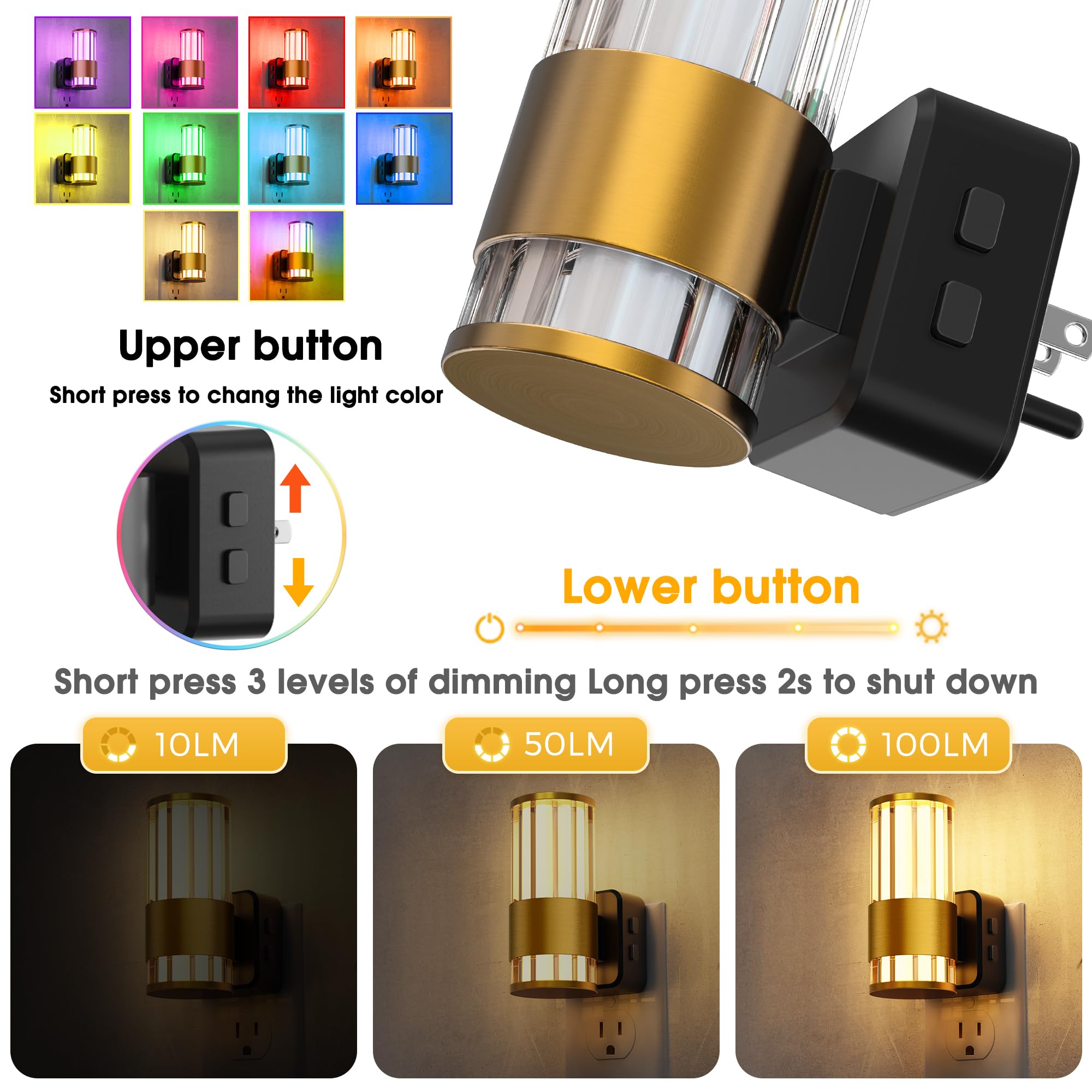 L LOHAS LED Night Light 10-Color RGB Adjustable 2 Pack Plastic Gold Ring-Stripe Model A-GY22509US-2