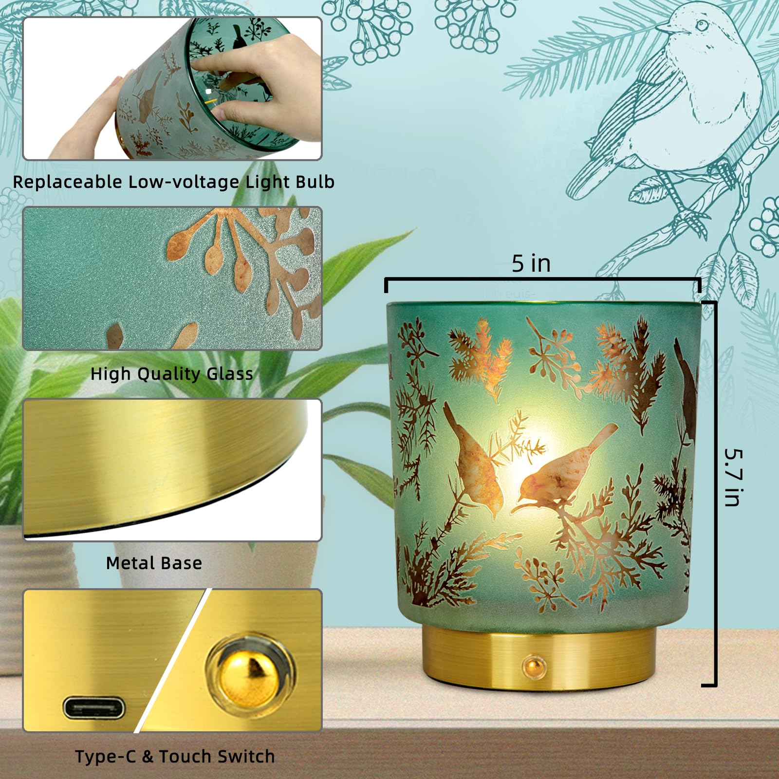 Mj Premier Cordless Rechargeable Glass Table Lamp - Touch Control Dimmable Portable Accent Light