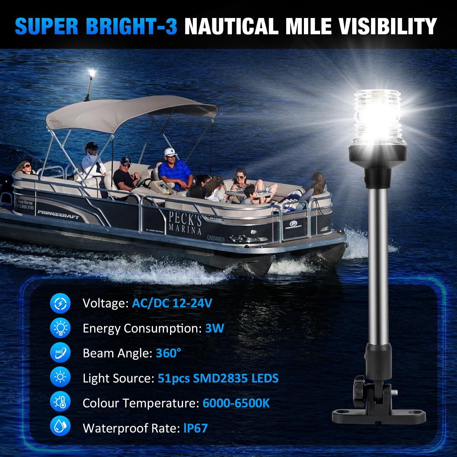 SETYPARY LED Stern Light Bimini Top Anchor Light, 18 Inch, Waterproof IP67, 3 NM Visibility, Model SPBSL001