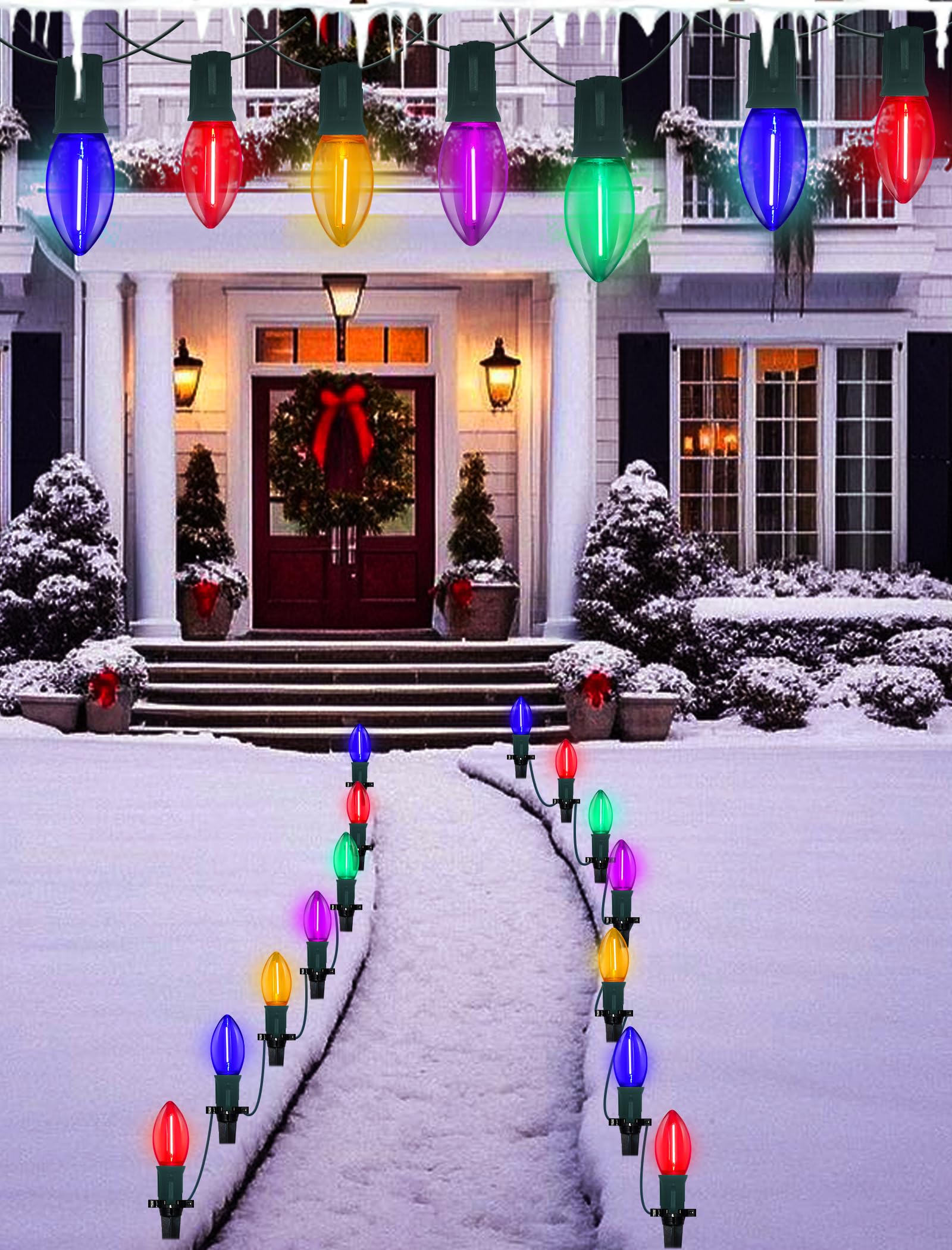 GOOTHY C9 LED Christmas Pathway Lights 38FT 25 Multicolor Bulbs Connectable Outdoor Decor