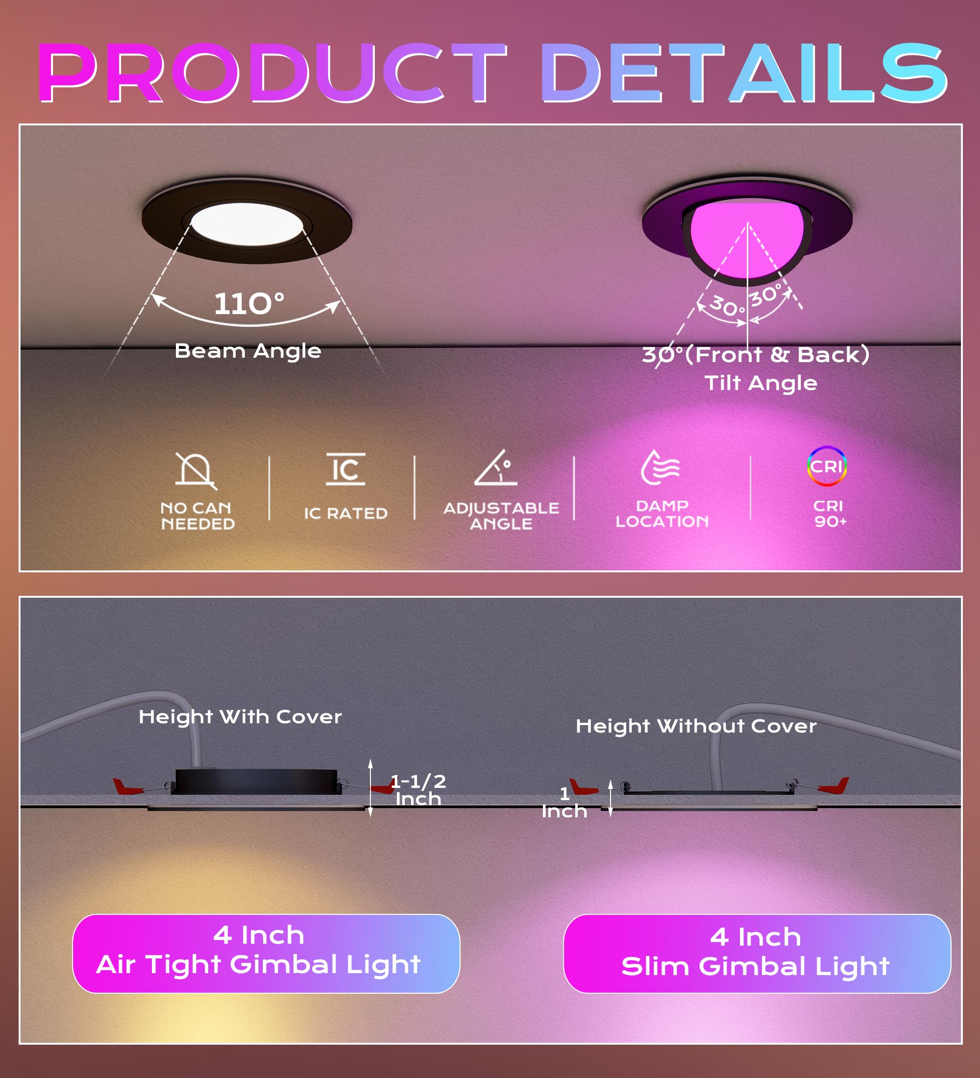CLOUDY BAY 4 Inch Gimbal Smart WiFi LED Recessed Lights, RGBCW Color Changing, Black, Compatible with Alexa/Google Home, IC Rated