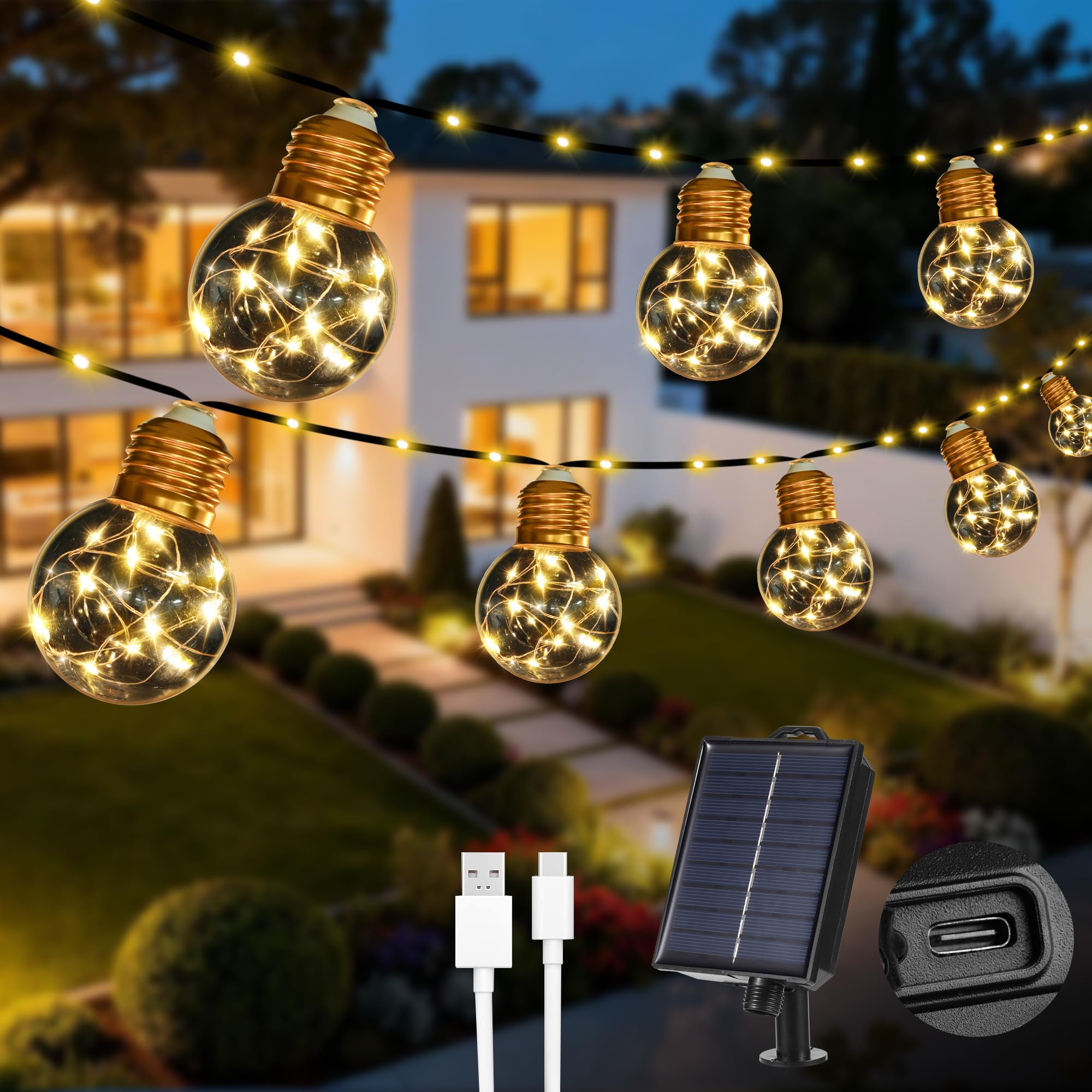 MERRIMAX M Solar String Lights Outddor, 257LEDs 25Ft Solar Powered Fairy Lights with 20 G50 Bulbs, 8 Modes Waterproof Solar Pati