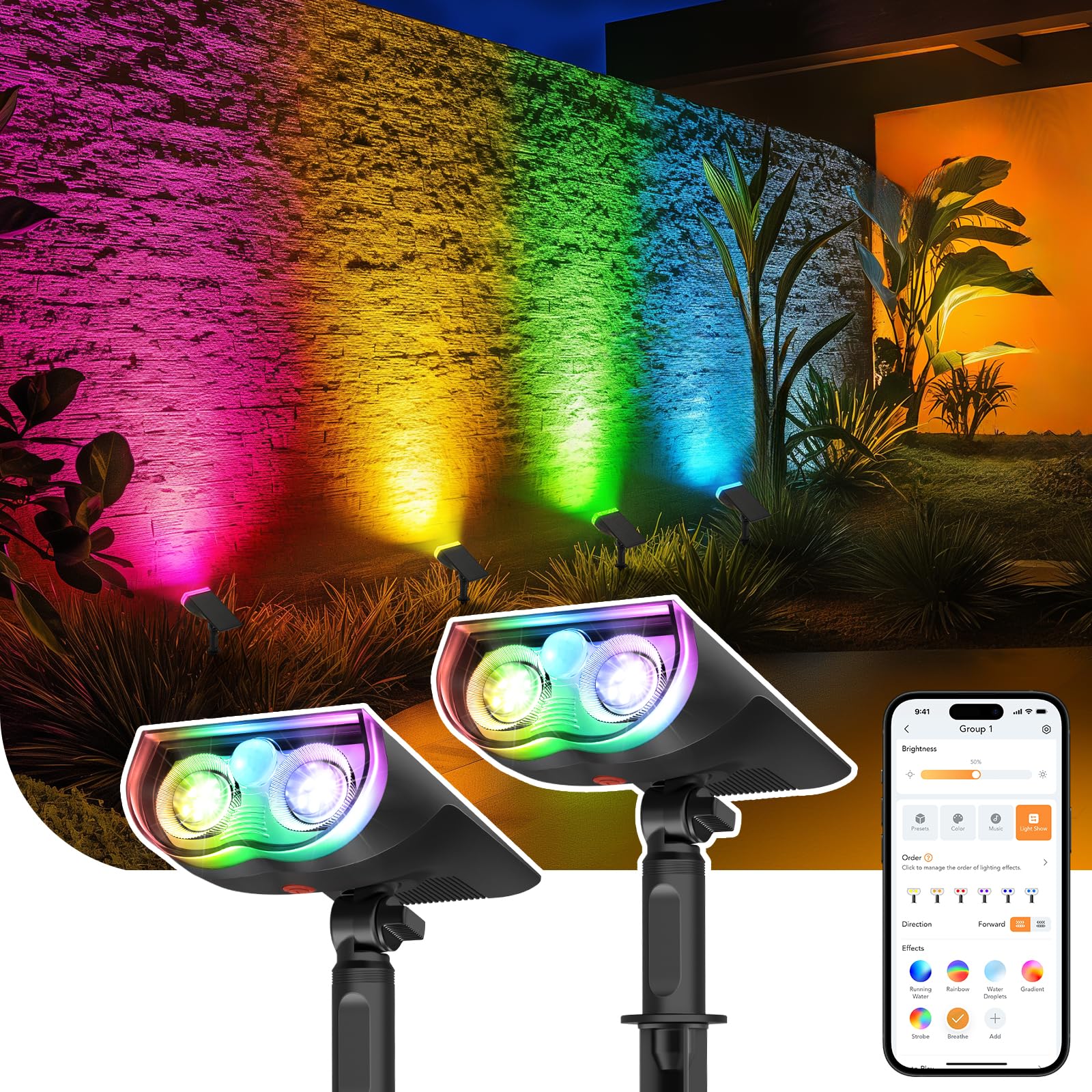 Linkind Smart Solar Spot Lights with Motion Sensor, APP Control, IP65, 2 Pack, Multicolor, Model LK-SL5M-RGBTW-US-2-AZ