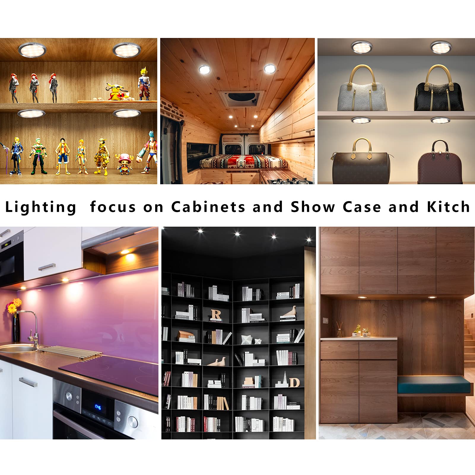 Crisetek Puck Lights 8 Packs Bluetooth App Smart Control Dimmable Tact Switch Under Cabinet Light Cabinet Lighting Cabinet Lights Dc 12V Adaptor (Warm White, App 8Pack)