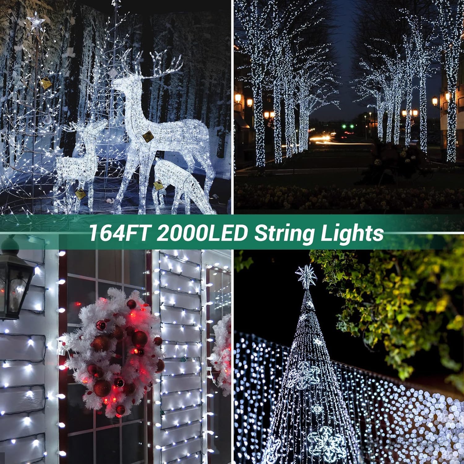Quntis 164Ft 2000 Led Cluster Christmas String Lights - 8 Modes Christmas Tree Lights - Outdoor Waterproof Dark Green Wire Christmas Lights Plug In For Holiday Wedding Party Home Decor, White