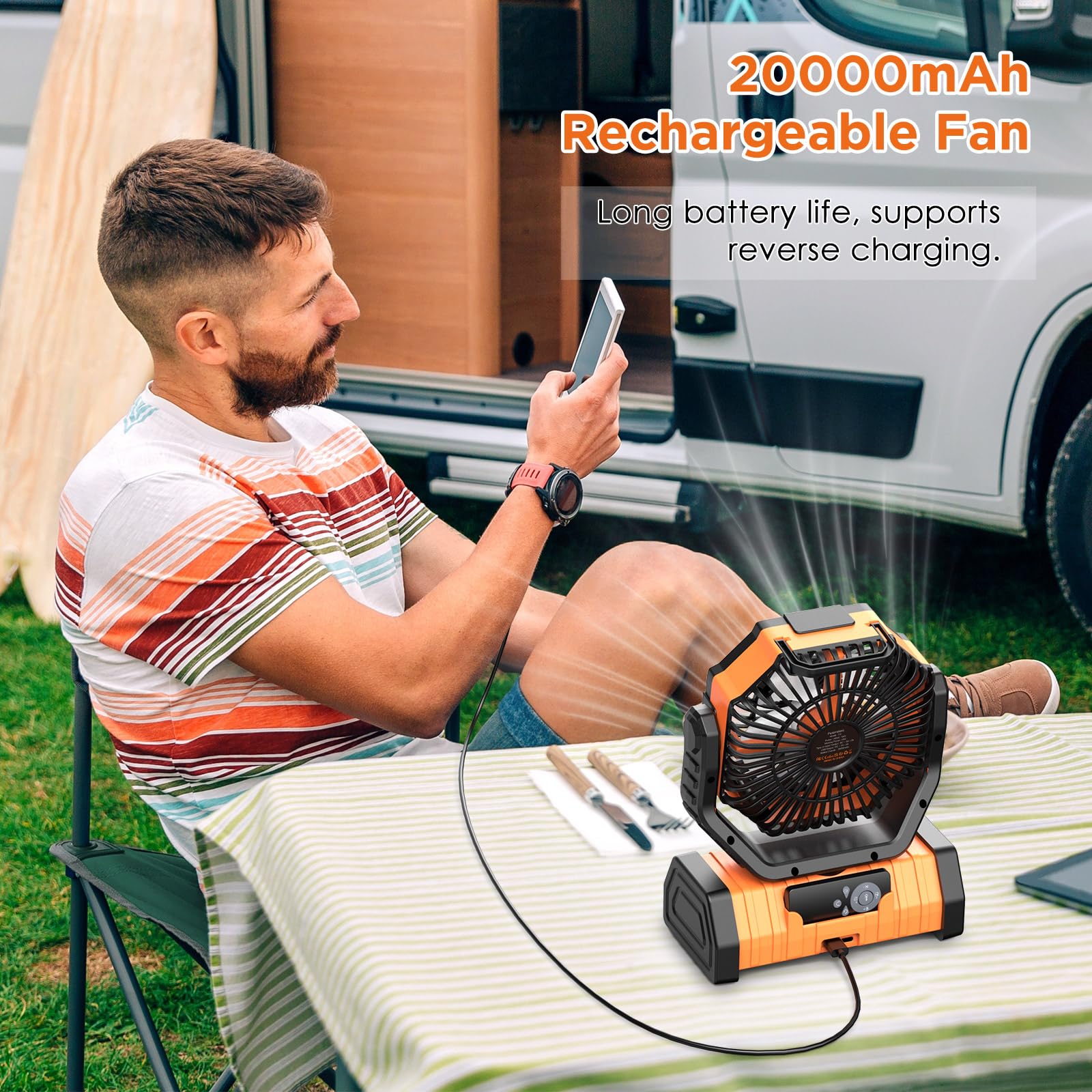 OGERY 20000mAh Rechargeable Camping Fan with LED Lantern, Remote Control, 4 Speeds, Orange, Model F6