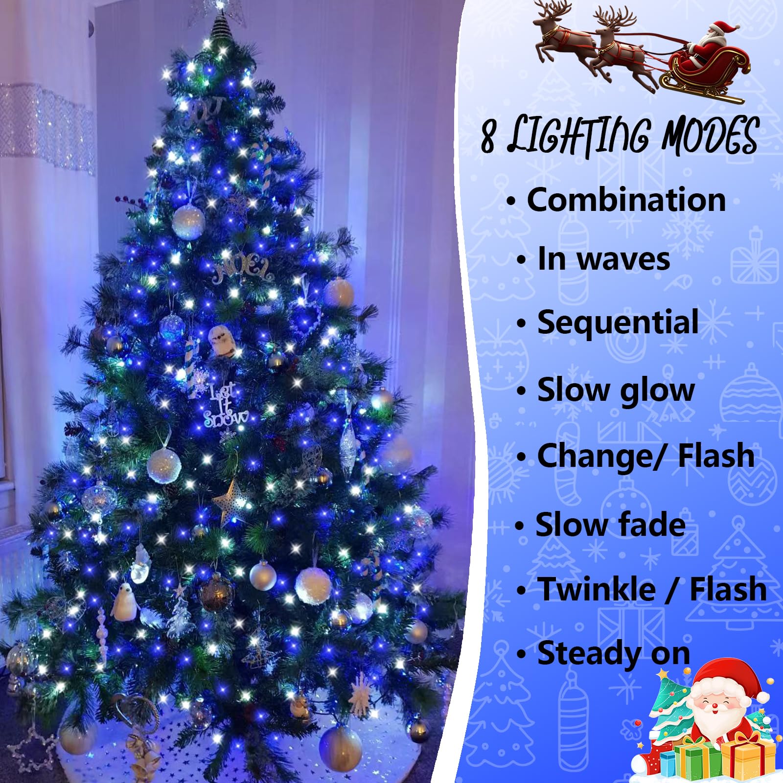 Yeguo 165Ft 500 Led Blue And White Christmas Lights Outdoor Waterproof  Clear Wire String Lights Indoor Plug In  8 Modes Clear Wire Twinkle Tree Light For Xmas Party Garden