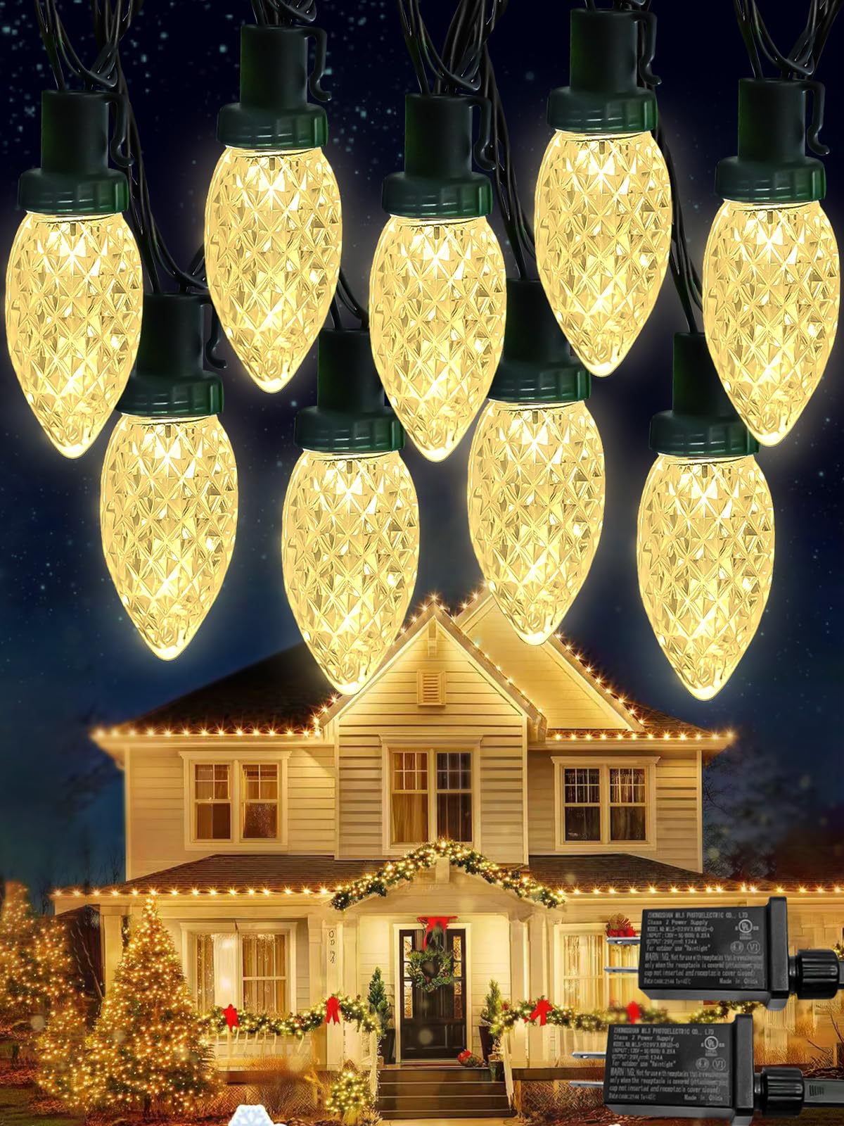 YIQU Warm White C9 Christmas String Lights, 2-Pack, 100LED, 66FT, Green Wire, Waterproof, Indoor/Outdoor, Model MLS-D29V3.6W