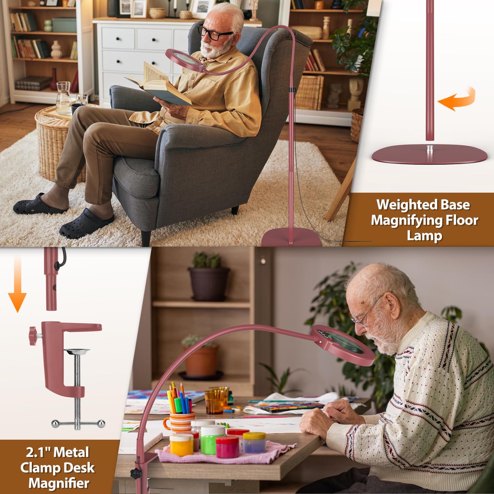 Krstlv 10X Magnifying Glass with Light, 24in Gooseneck Floor Lamp, 3-in-1 LED, Stepless Dimmable, Red, Model RLFG609