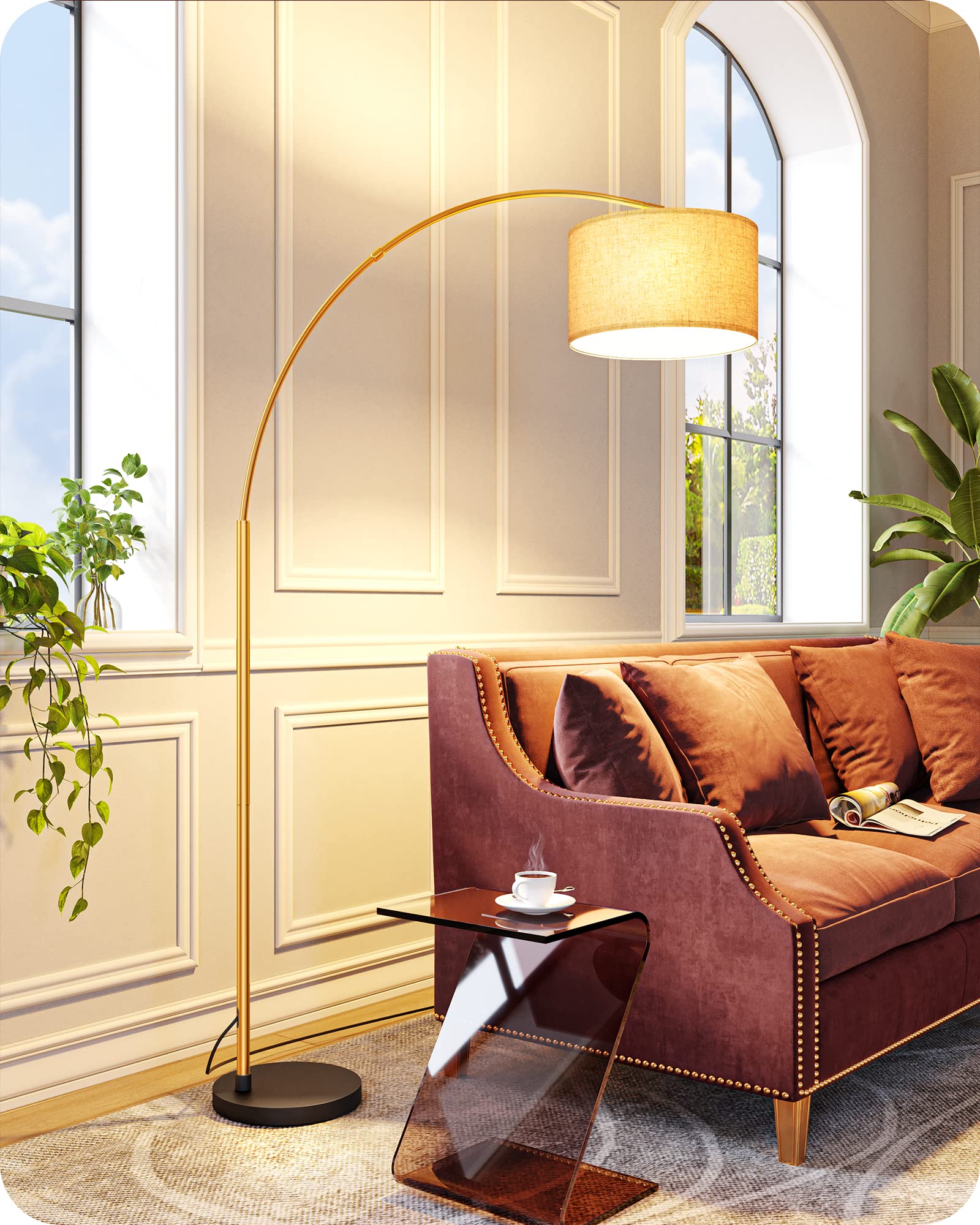 EDISHINE Gold Arched Floor Lamp, Mid Century Modern, Dimmable Bulb, 78.3in, Model HLFL04X
