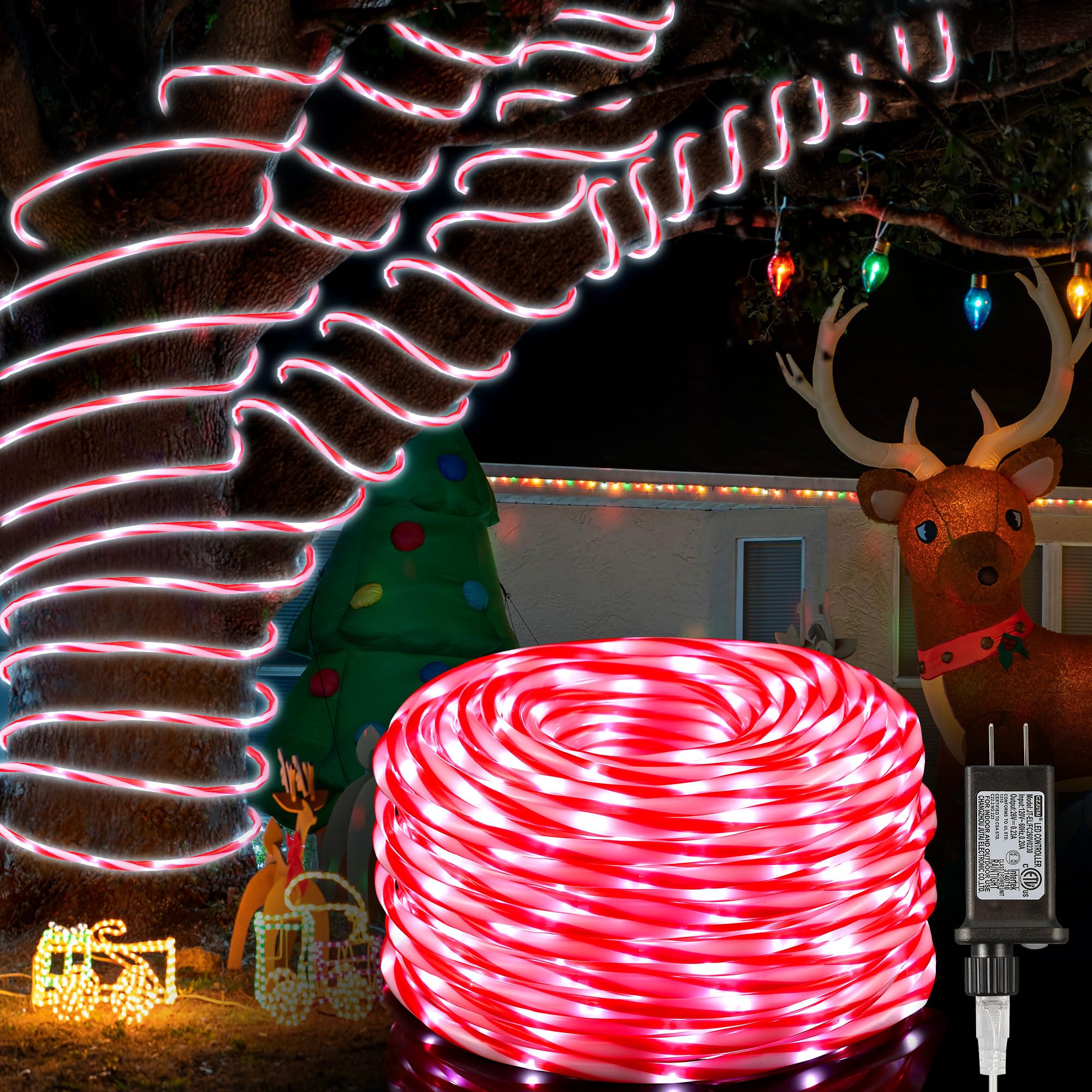 Hiboom Christmas Candy Cane Rope Lights, 8 Modes, Waterproof, 65.6 ft, Red/White, Model CW-Hiboom-1463