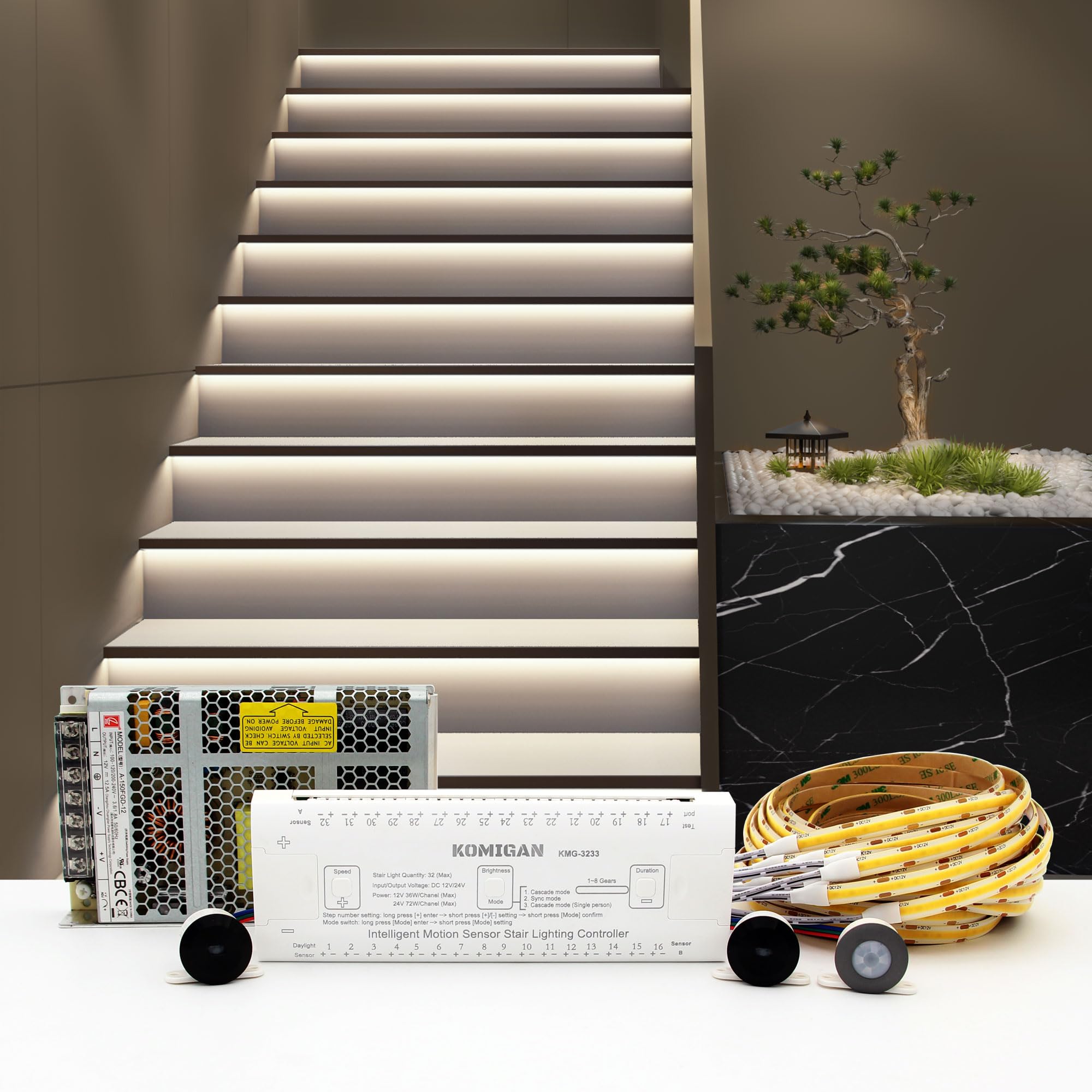 KOMIGAN LED Stair Lighting Kit KMG-3233, 40in Cuttable Strip Light, Cool White 6000K, for 14 Stairs, Plastic