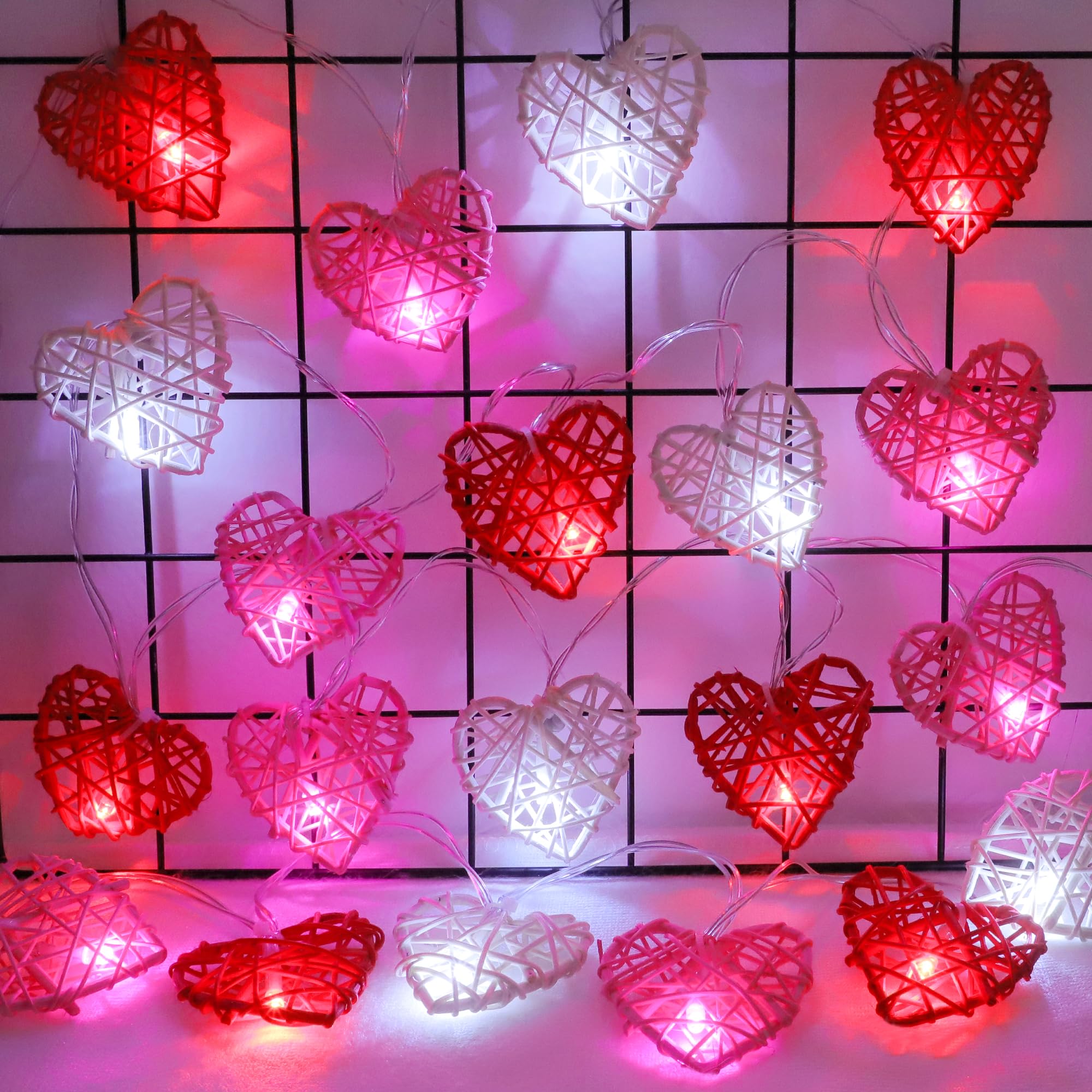 [Timer] Valentines Day Decorations Red Pink White Heart Lights 10FT 20LED 3D Hollowed Rattan Big Heart String Light Battery Oper