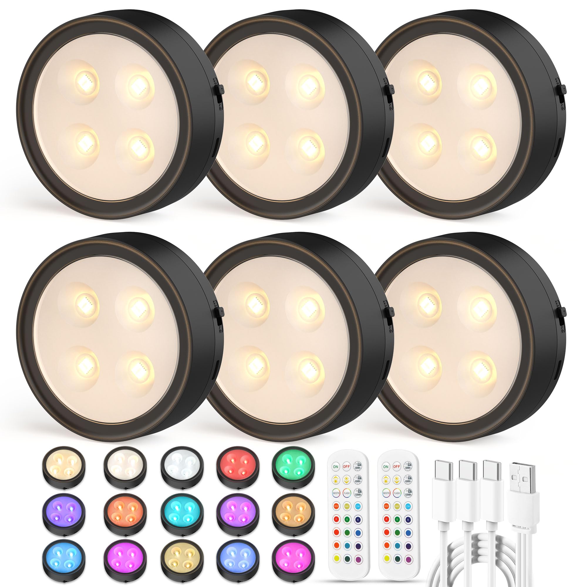 Onumii Puck Lights with Remote, Rechargeable, Color Changing, 6 Pack, Black, Model T048E, Magnetic Stick-on for Kitchen and Closet