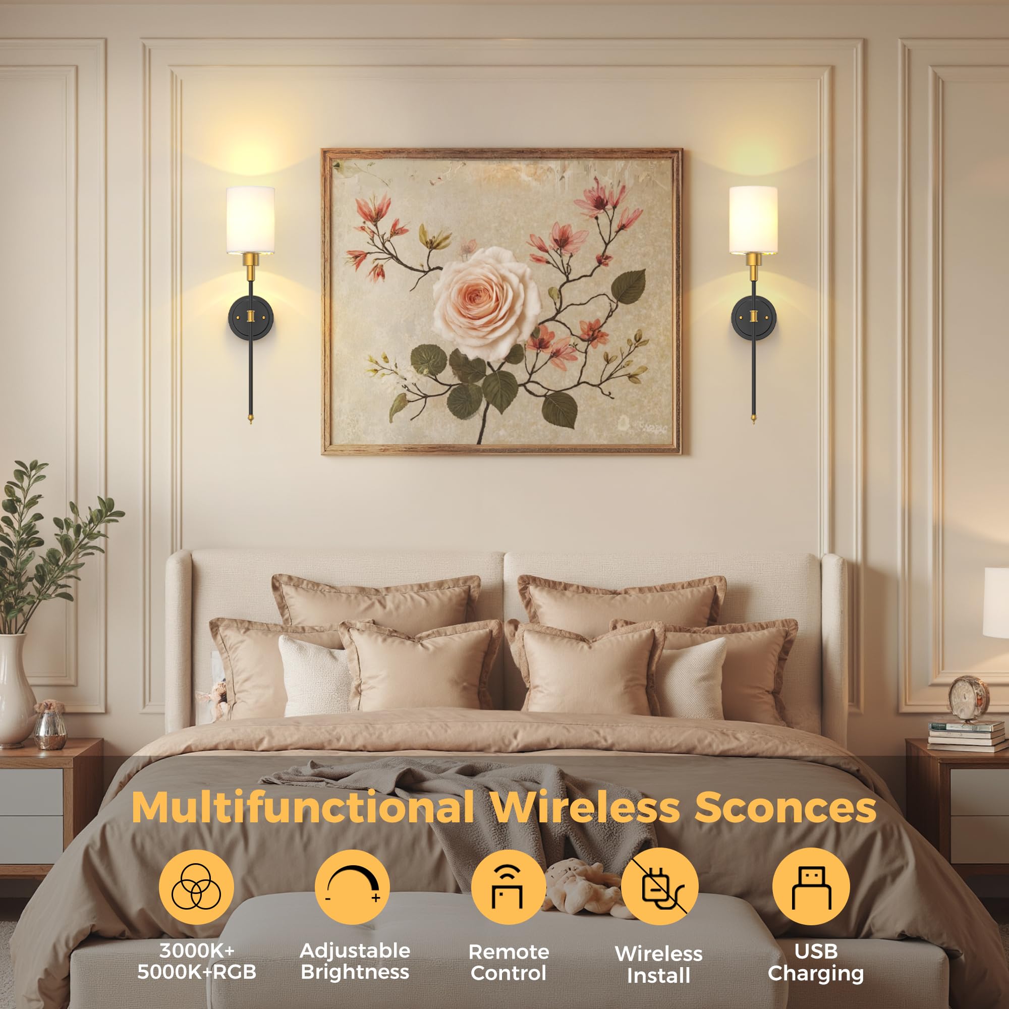 DORESshop Battery Operated Wall Sconce Set of 2, 24.3in Metal Wireless Light, Gold and Black for Bedroom & Living Room