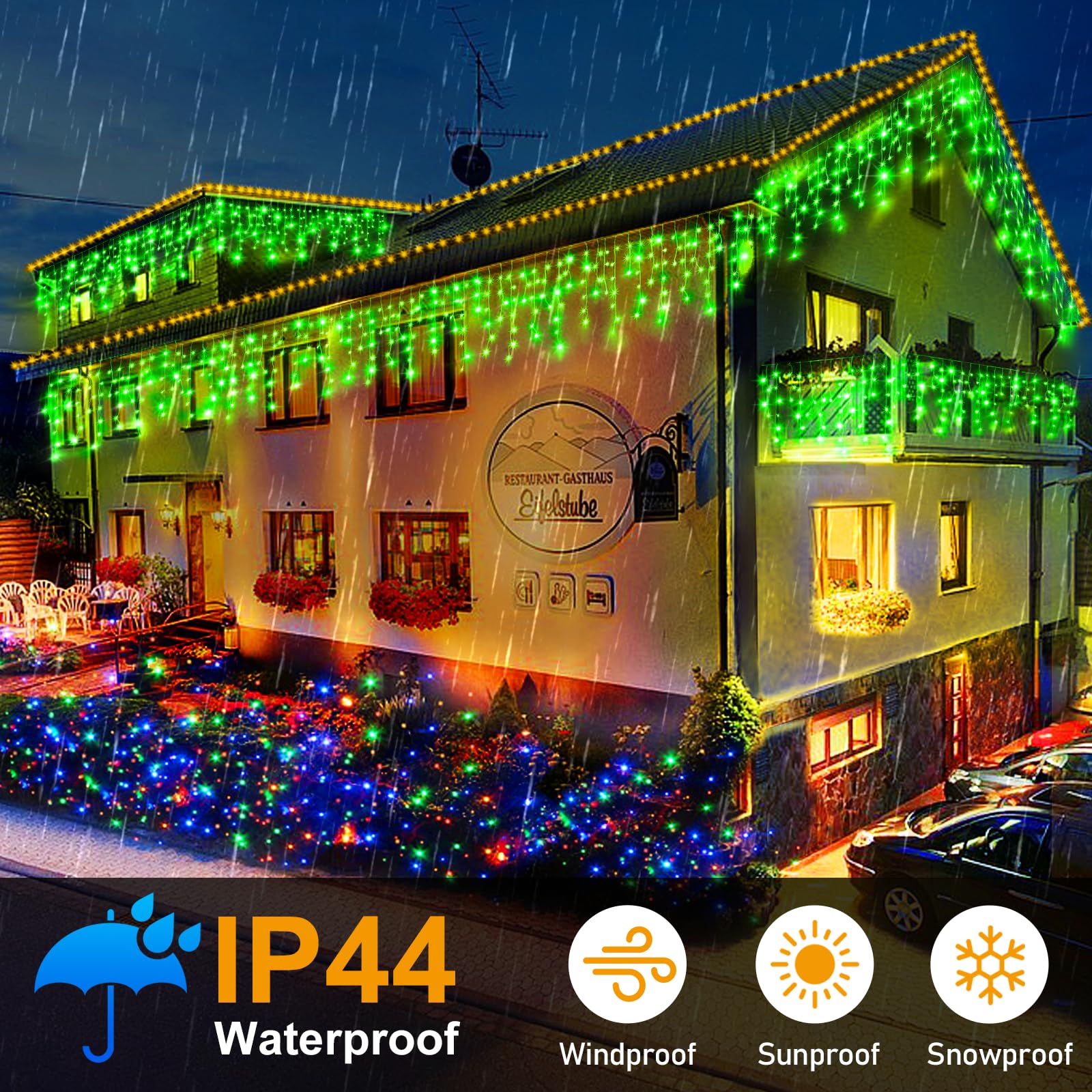 Knonew 99Ft 1216 Led Christmas Lights Outdoor Decorations With 228 Drops, 8 Modes Curtain Fairy Light, Clear Wire Led String Lig