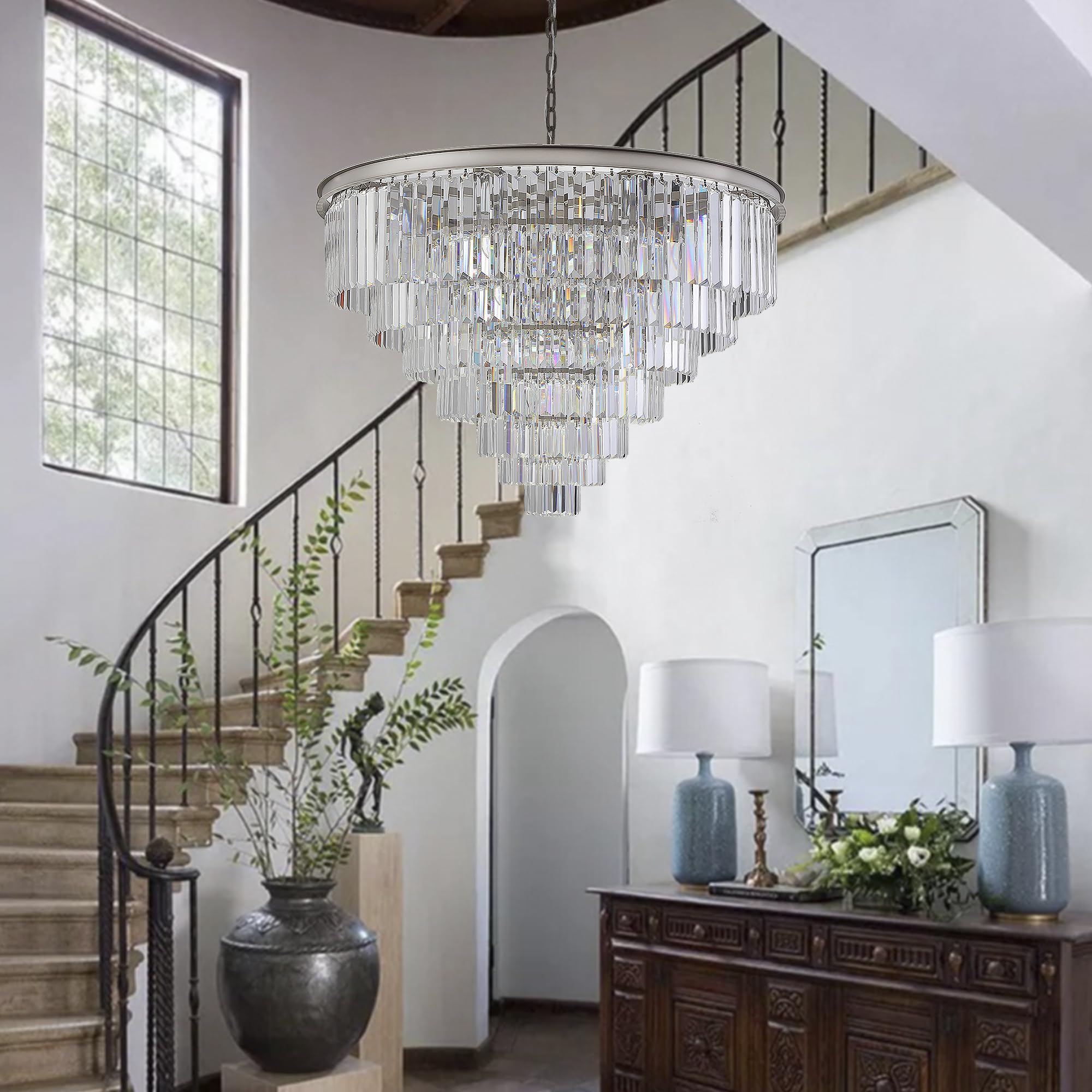 MEELIGHTING Nickel Metal 7-Tier Crystal Chandelier Pendant Light Fixture for Dining, Living Room, Kitchen - Model ML2949-1000mm-N