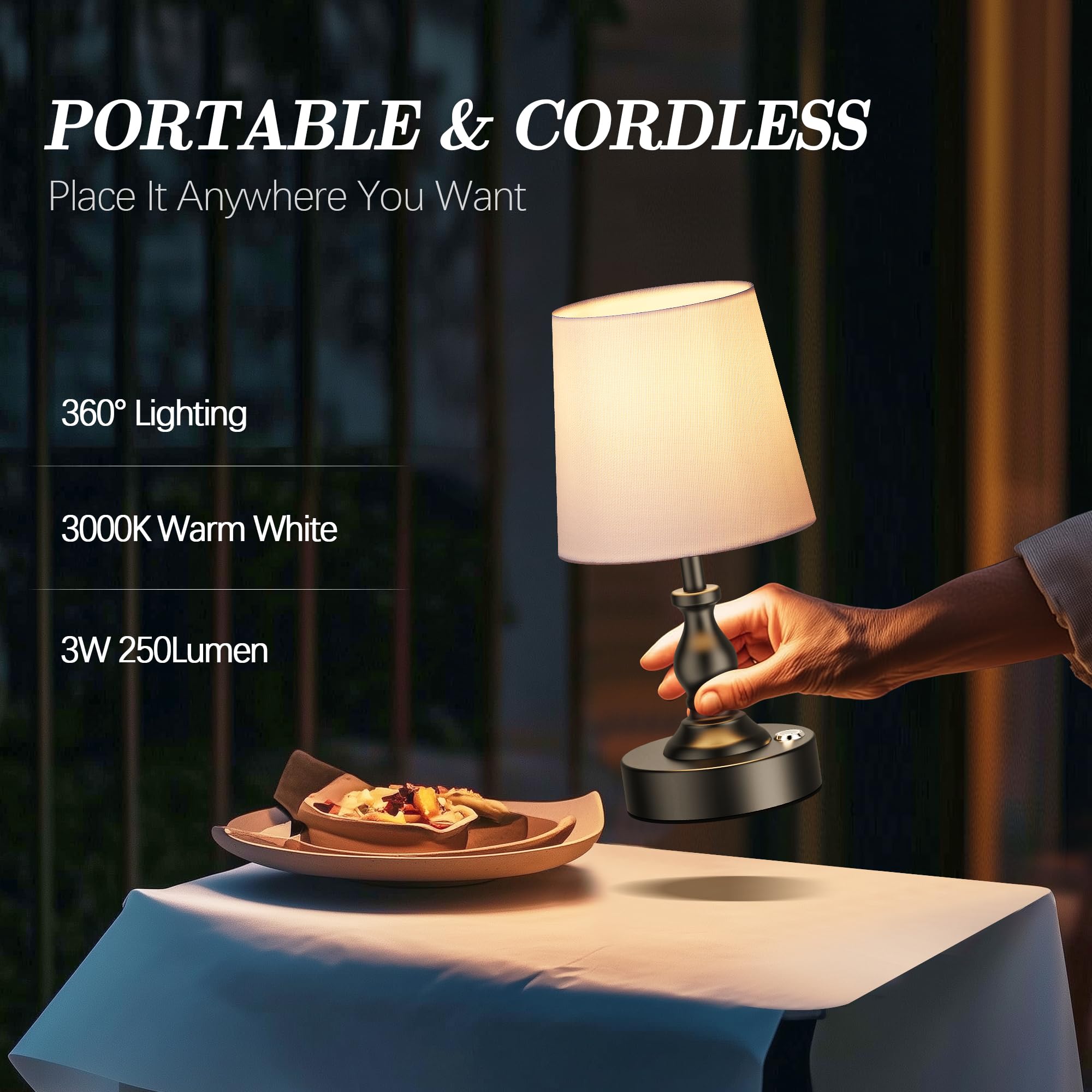 PARTPHONER Mini Cordless LED Table Lamp, 5200mAh Rechargeable, Touch Dimmable, Matte Black, Model STR-LP-TL001