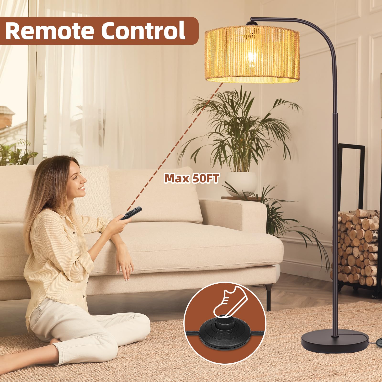 Brilvibera Boho Floor Lamp With Dimmable Bulb Nartual Rattan Adjustable Lampshade, Bronze Rustic Farmhouse Floor Lamps For Living Room, Bedroom, Office, Classroom