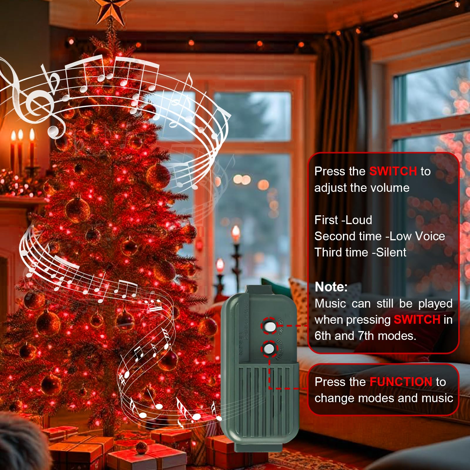 LAMPHOME Musical Christmas Lights, 100 Lights, 23.7ft, UL Certified, Red, Model HPI-100-2/SB