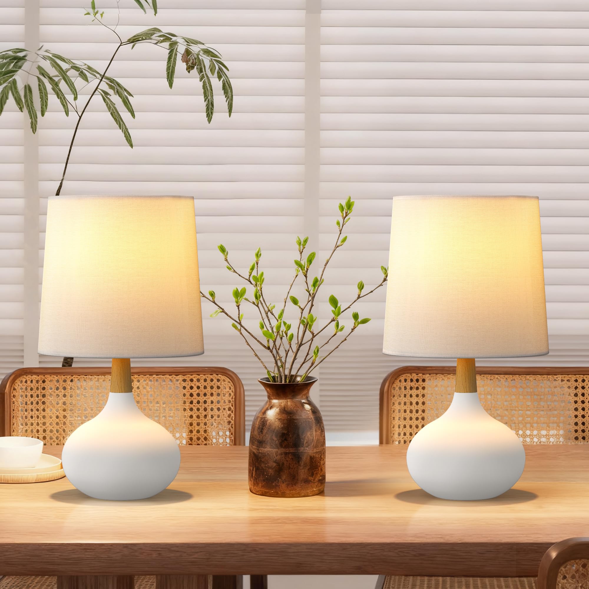 HIGHTRY 14 Small Ceramic Table Lamp Set of 2, Bedside Lamp for Living Room with Natural Wood Stem & Linen Shade for Home Decor, 