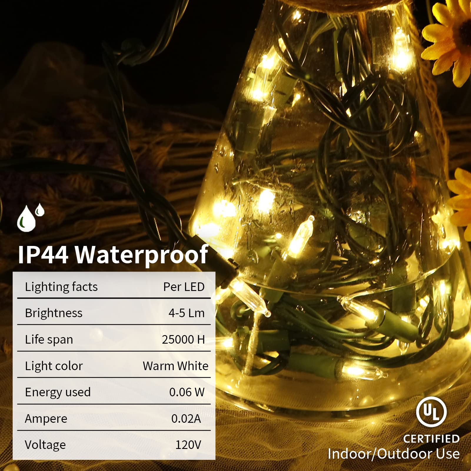 MULTI-SPARKING Christmas Lights - 33ft 100ct Warm White Mini LED String Lights, Green Wire, Indoor/Outdoor, Model L100B/4F-A45