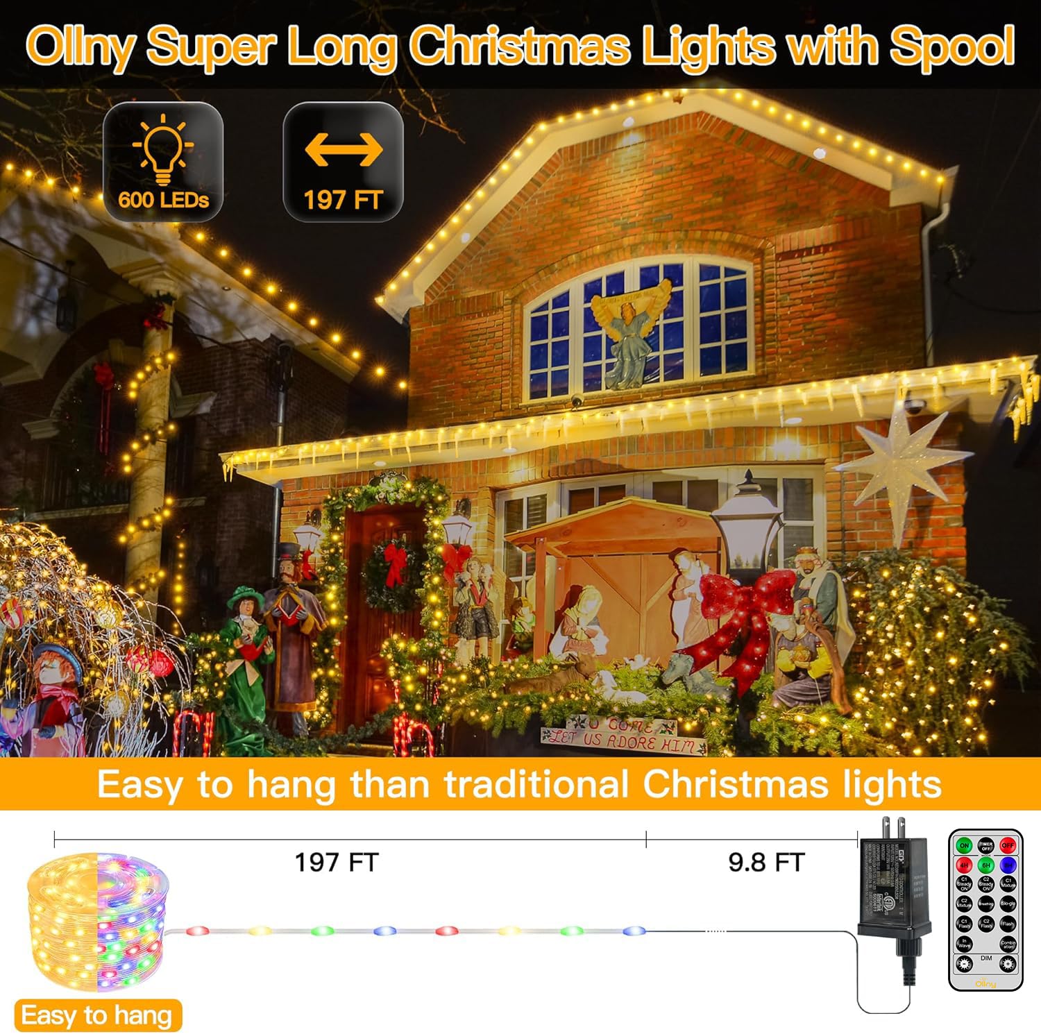 Ollny Christmas Lights Warm And Multicolor, 600Led 197Ft Christmas Tree Lights Ip67 Waterproof, Plug In Fairy Lights With Remote