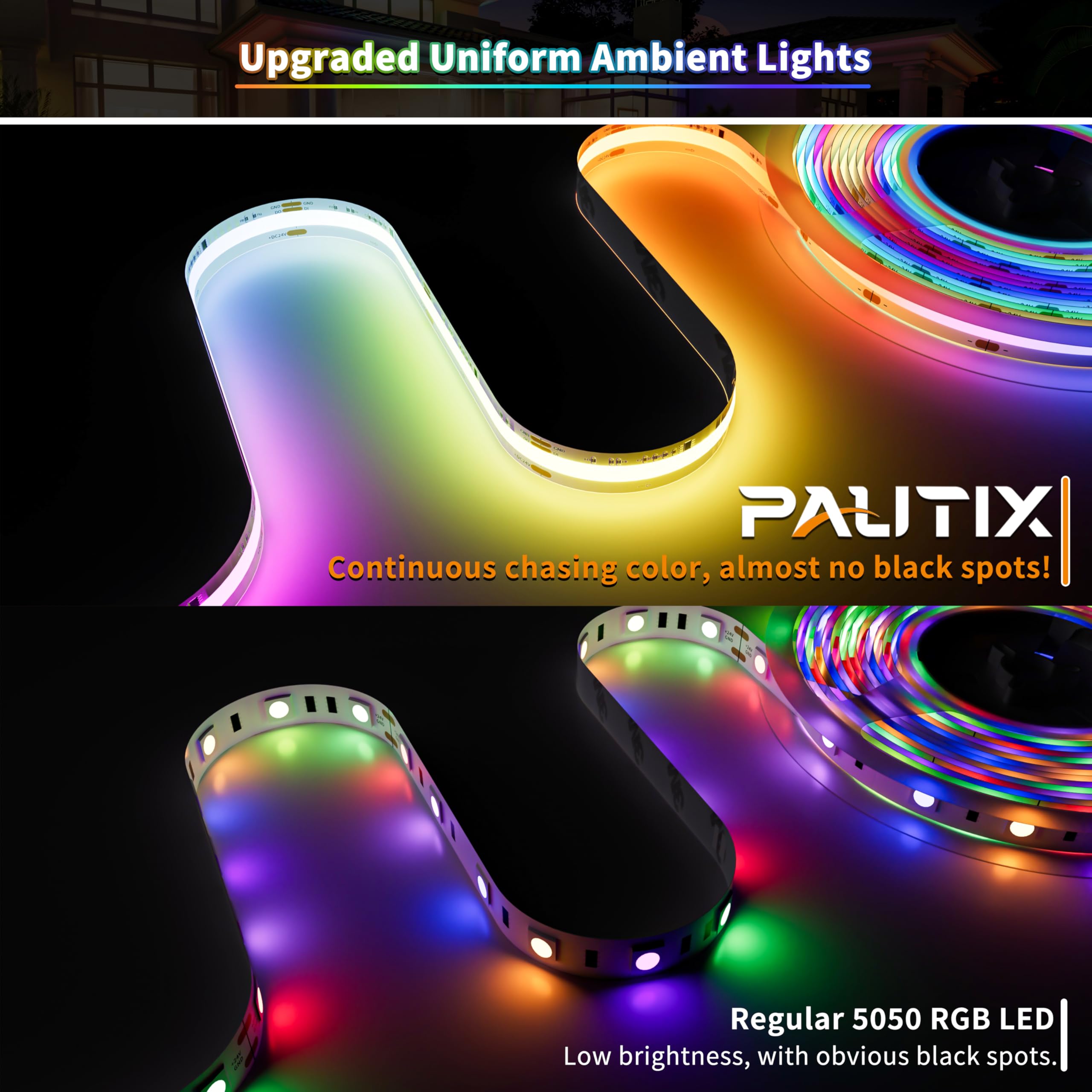 Pautix Ip65 Waterproof Rgb Smart Ic Cob Led Strip Light Addressable 16.4Ft/5M,24V Color Flowing Strip Light Multicolor Flexible