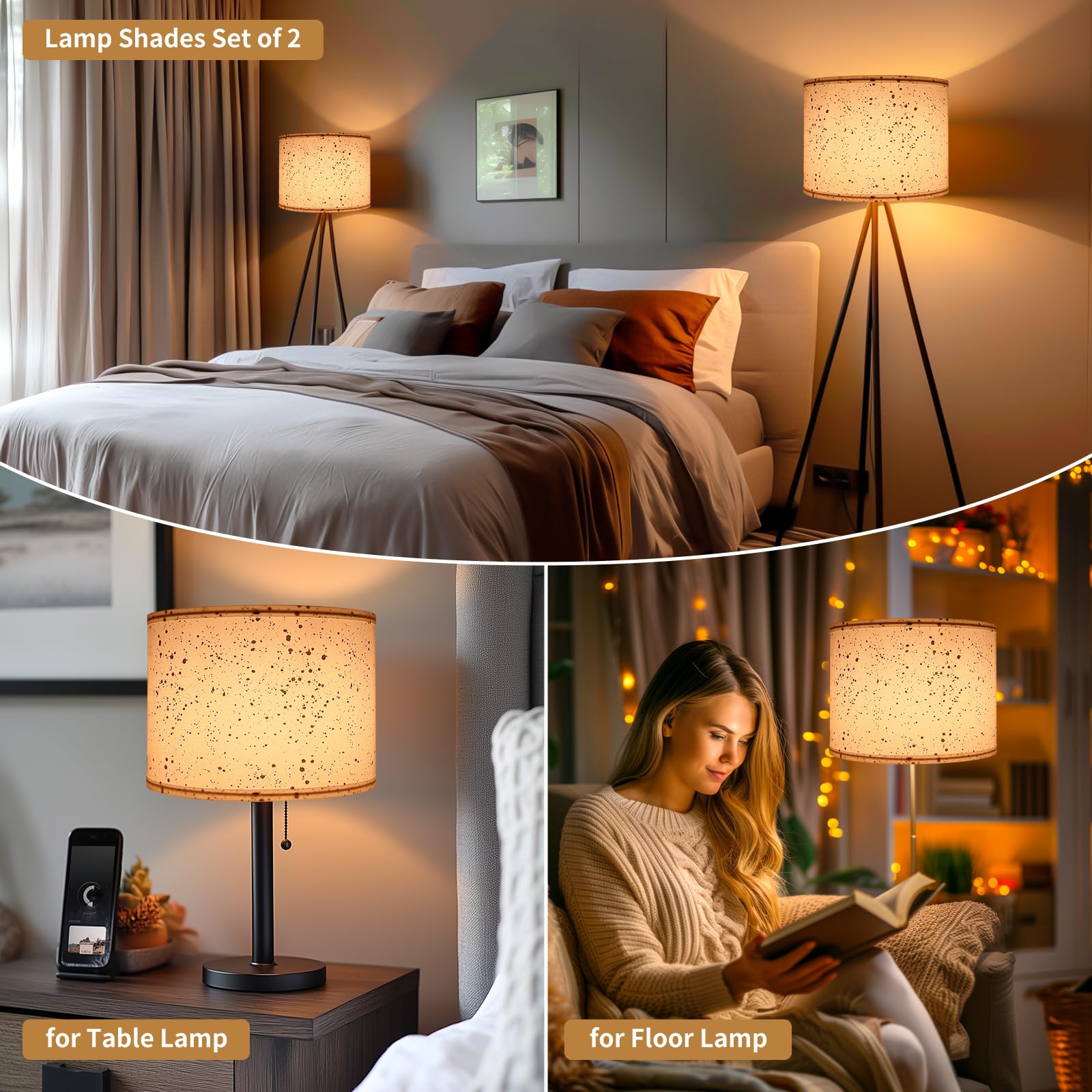 ALUCSET Drum Lampshades Set of 2, 13in x 13in x 10in, White Fabric, Modern Replacement Shades for Table Floor Lamp, Model LLA-S2416B