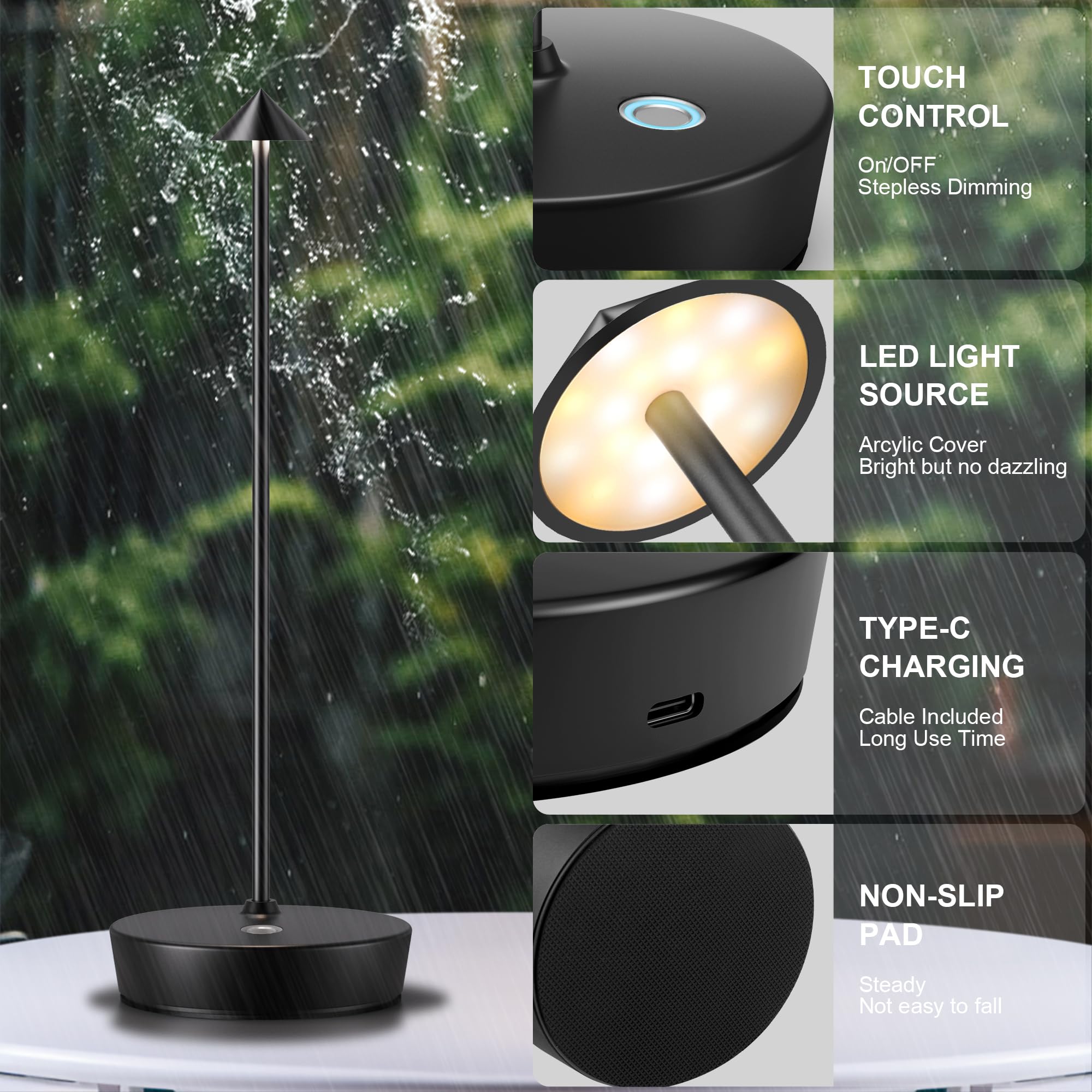 JALVDE Cordless Table Lamp, Rechargeable LED, Dimmable, Aluminum, Black, 2 Pack, Model D-W-07