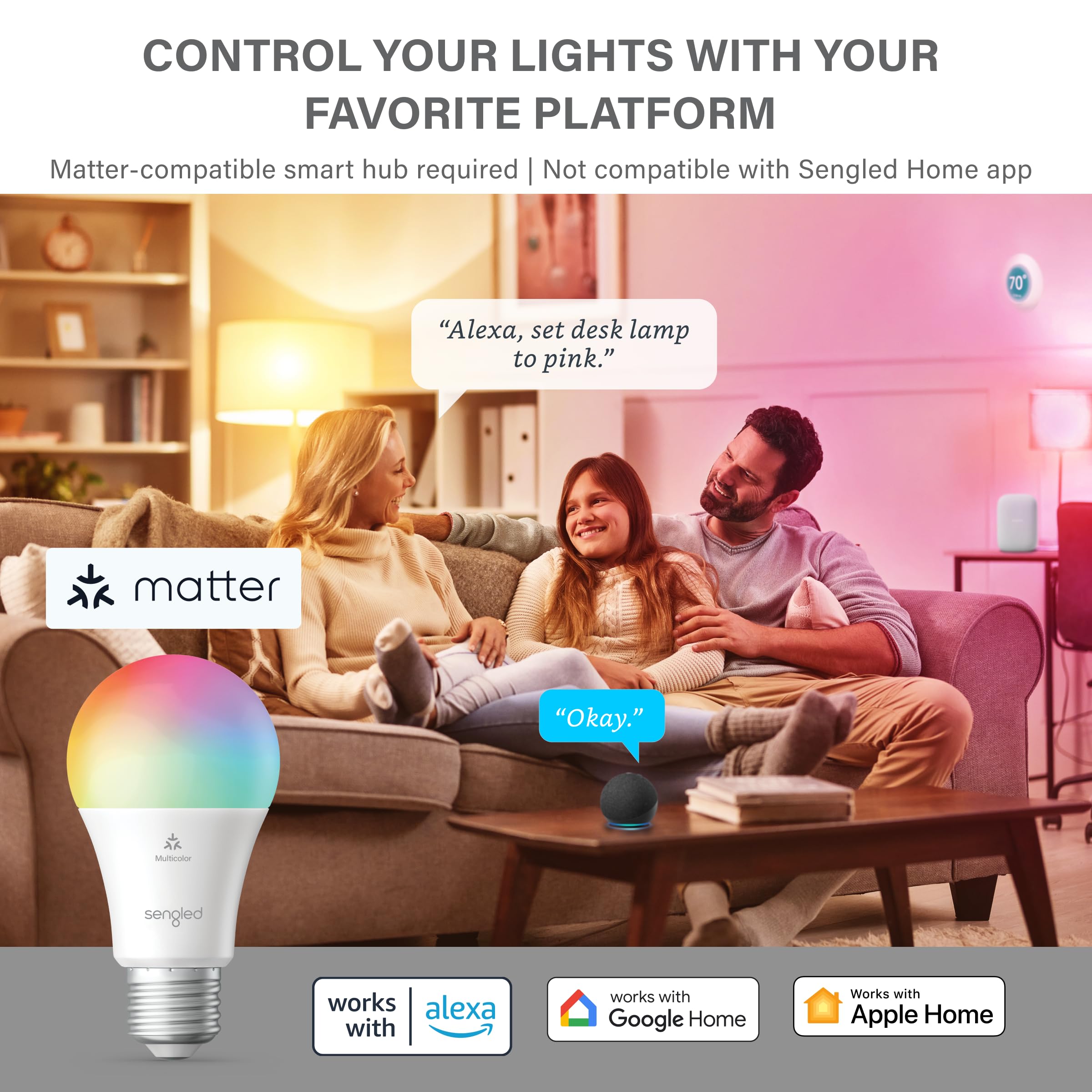 Sengled LED Smart Light Bulb A19, Multicolor, Matter-Enabled, 800LM, 60W Equivalent, Wi-Fi, 1-Pack