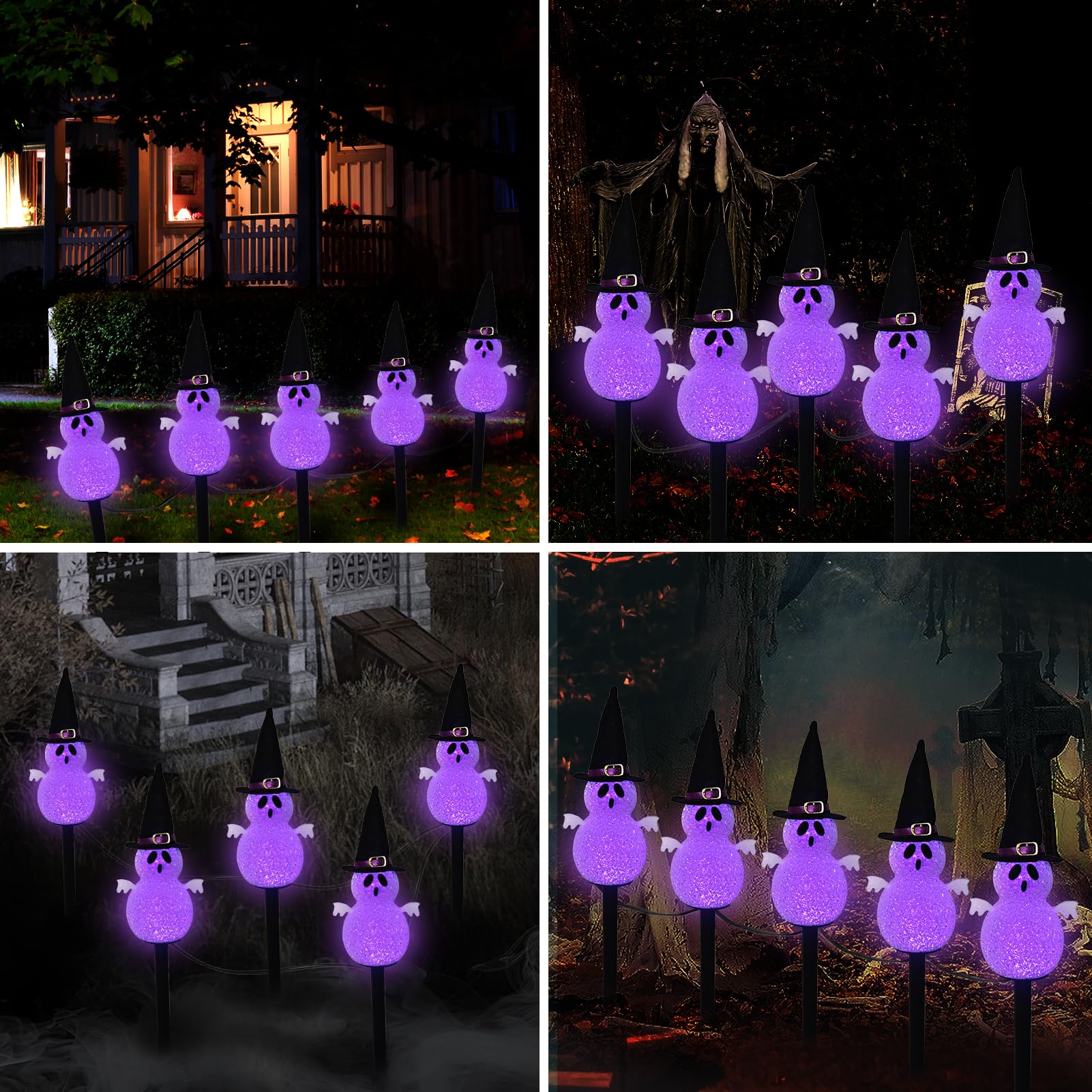 Solar Halloween Pathway Lights Outdoor Decorations 5 Pack Ghost Garden Stake Lights  Waterproof Led Walkway Lights For Outside Patio Yard Halloween Decor (Purple Ghost)