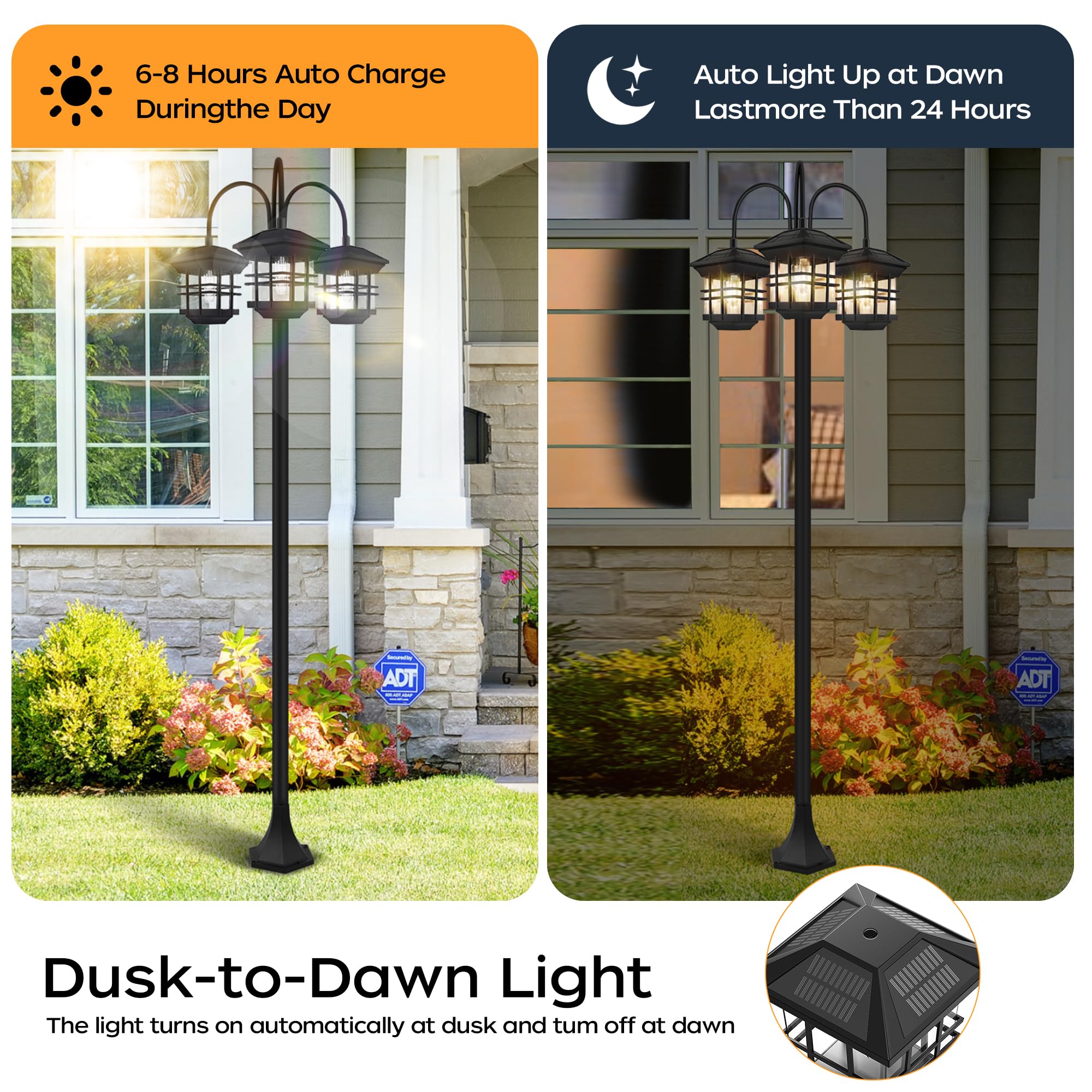PARTPHONER 76in Classic Black Solar Lamp Post - 3-Head Waterproof Outdoor Street Light, LED Bulbs Included, Model PAPO033AB1