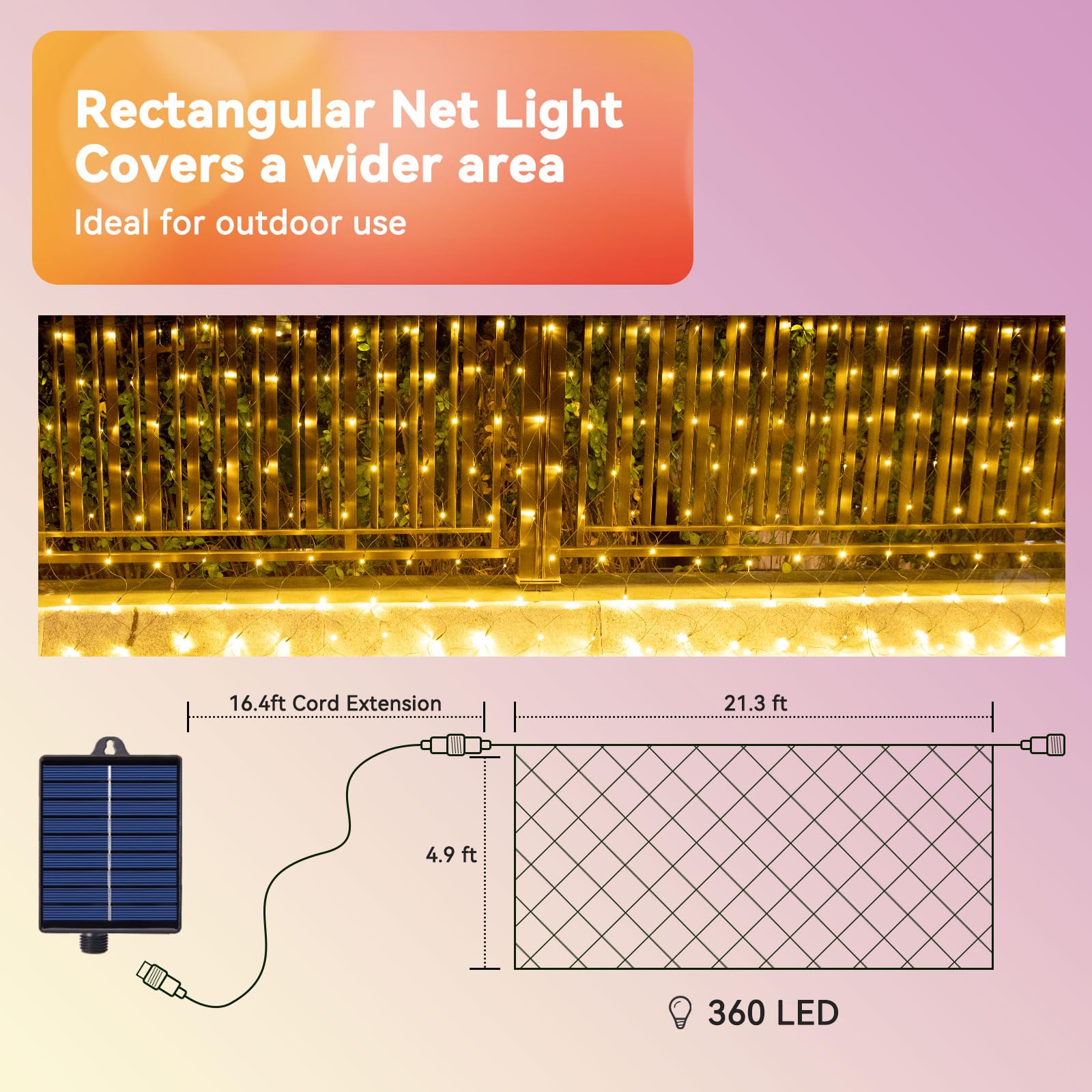 FunNite Solar Net Lights, 21ft x 5ft, 360 LED, Waterproof, Remote Control, Warm White, Model LR-(1-1000) L-SL01
