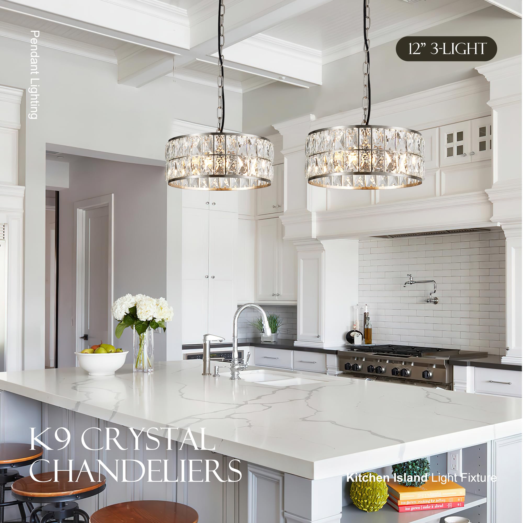 Salaiwei 12    3-Light Modern Crystal Chandeliers Nickel Dinning Room Light Fixture, Round Pendant Light Kitchen Island Chandeli
