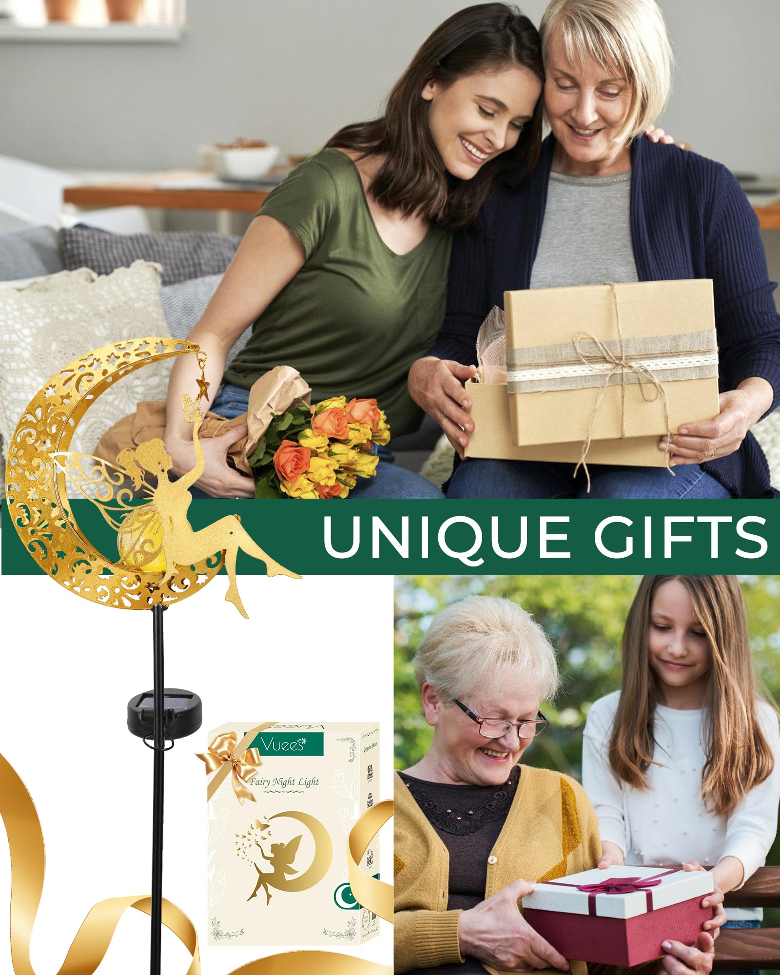 Vuees Solar Garden Statues Outdoor Decor, Fairy Moon Figurine Light Stake, Housewarming Ornament For Patio, Lawn, Yard, Pathway