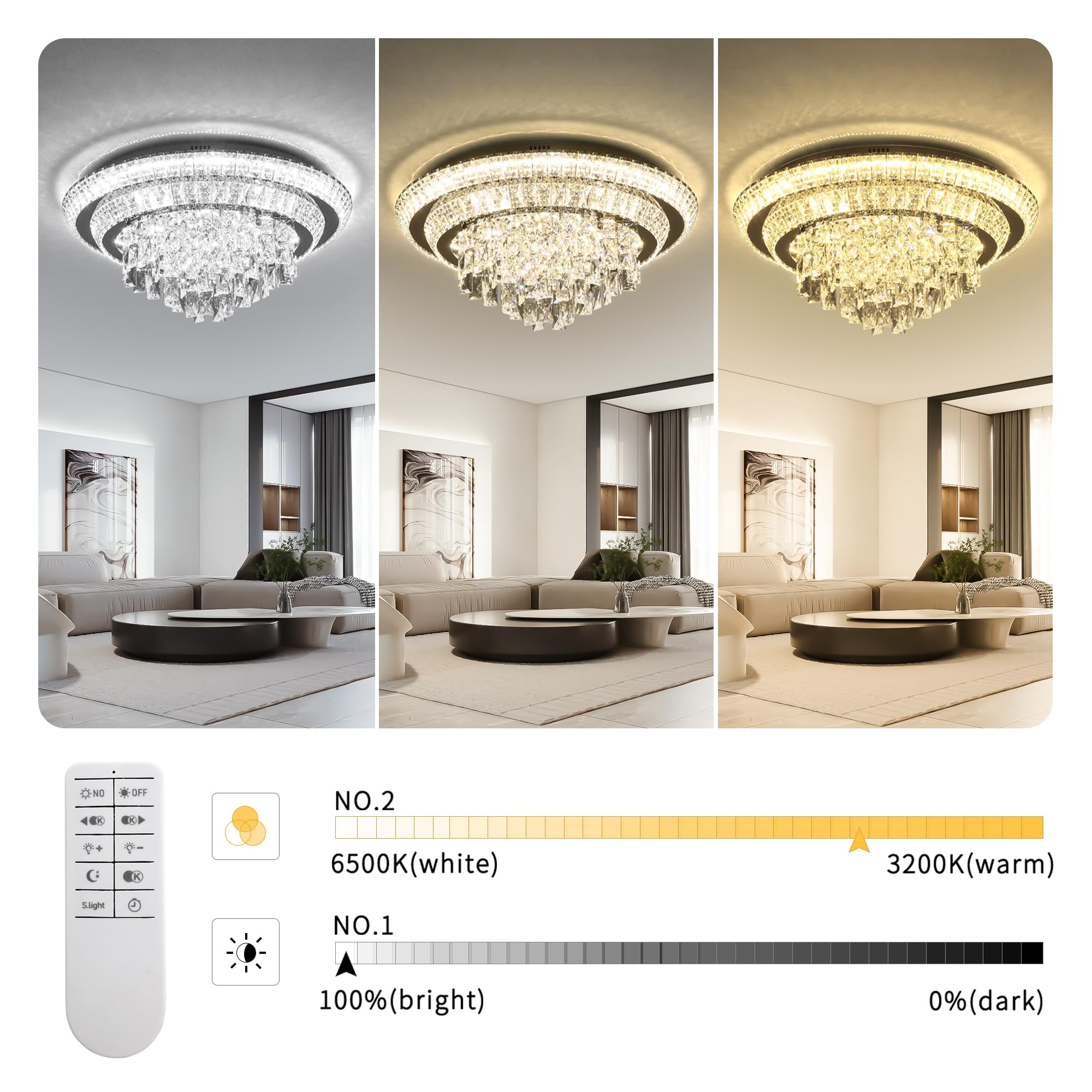 Redstar 24'' Crystal Ceiling-Light Flush Mount With Remote Control, 3 Colors Temp & Brightness Adjustable, Modern Crystal Raindr
