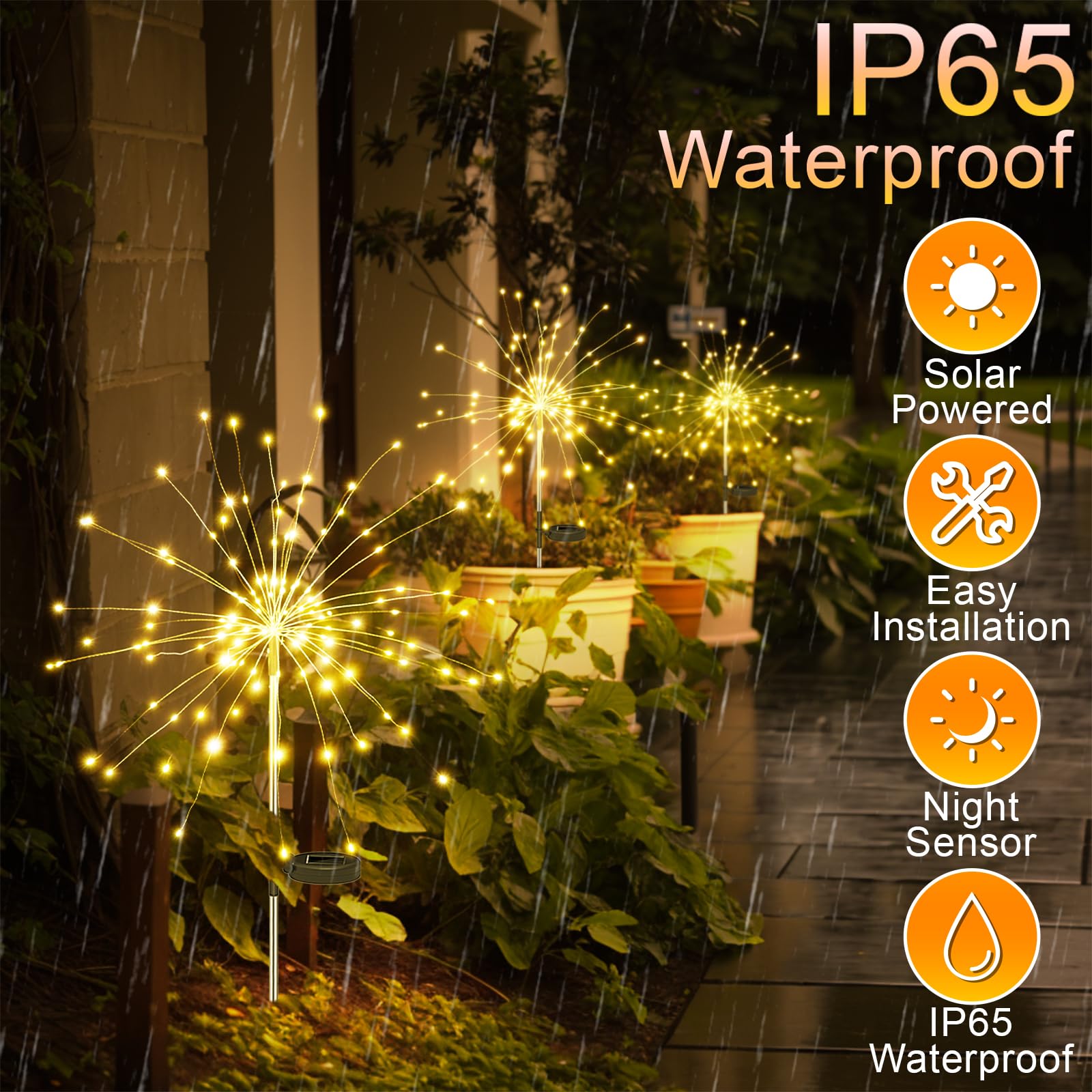 Anordsem Solar Lights Outdoor - Waterproof LED Sparkler Sticks, Warm White, 4 Pack, 120 LEDs, Model AWW-SFL120-4PK for Garden Decor