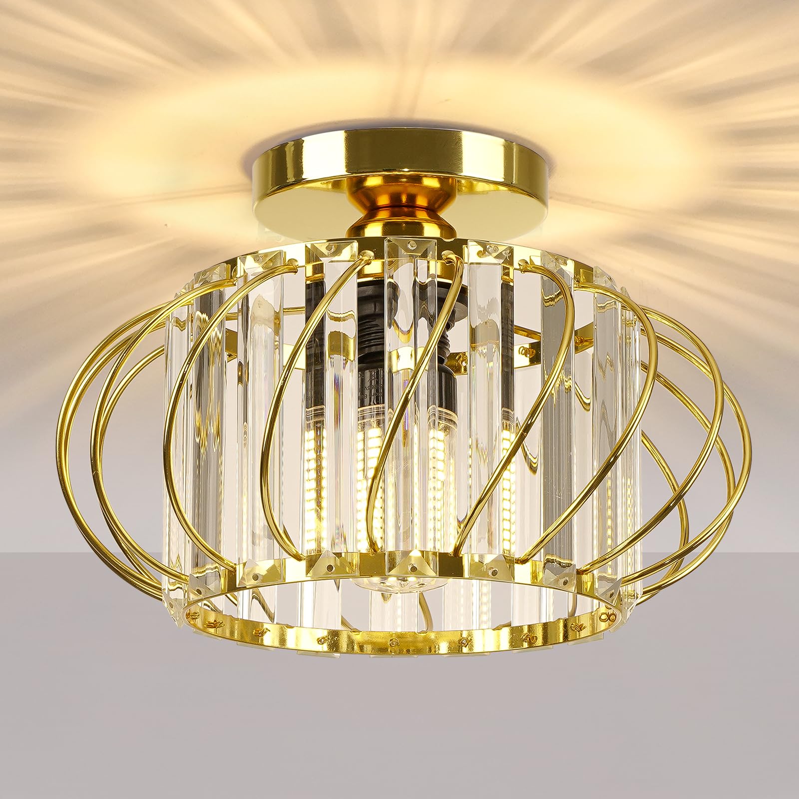FRIDEKO HOME Semi Flush Mount Ceiling Light - Crystal Chandelier Hallway Lighting Fixtures Ceiling Gold Ceiling Light Fixture fo